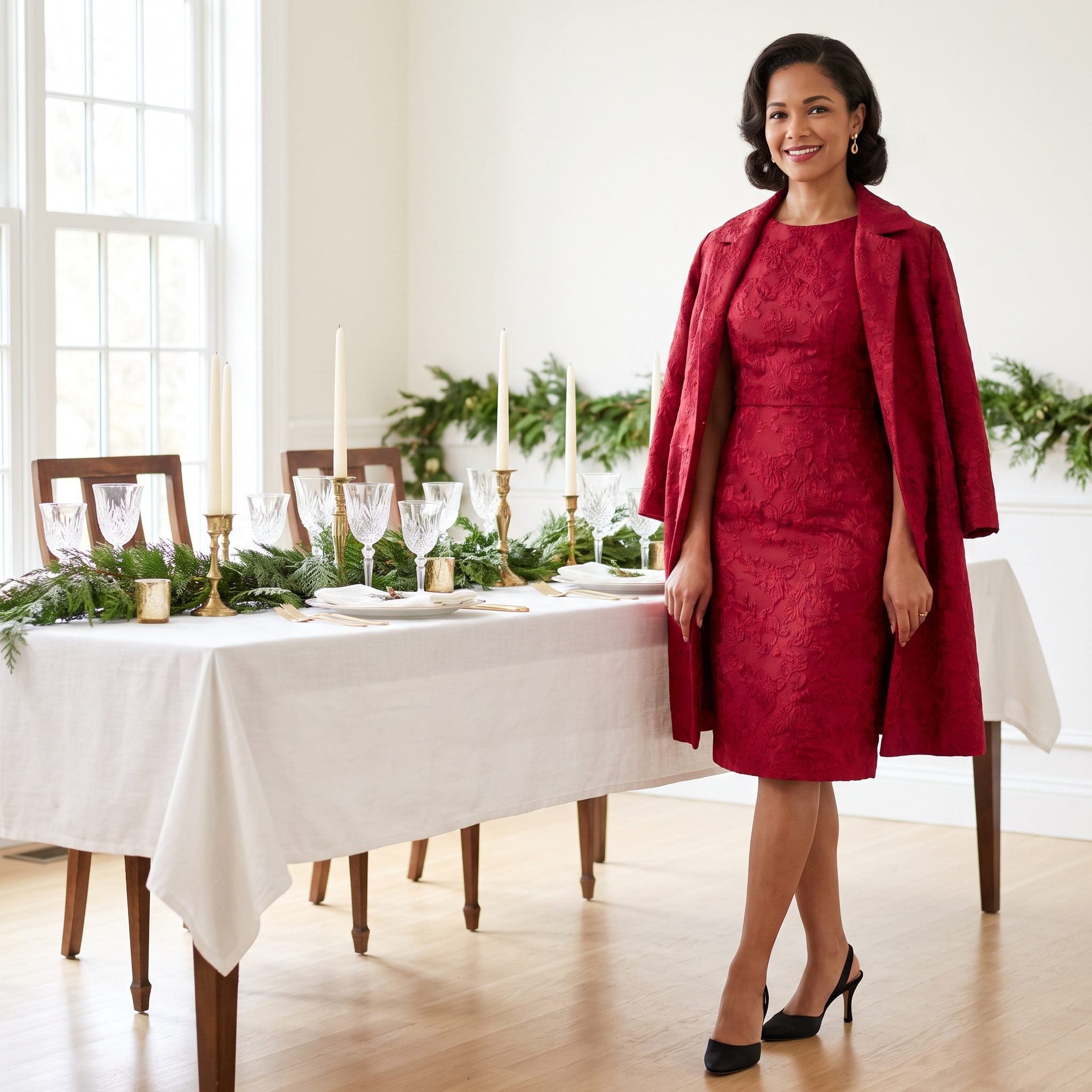 Ruby Brocade Dress and Matching Coat