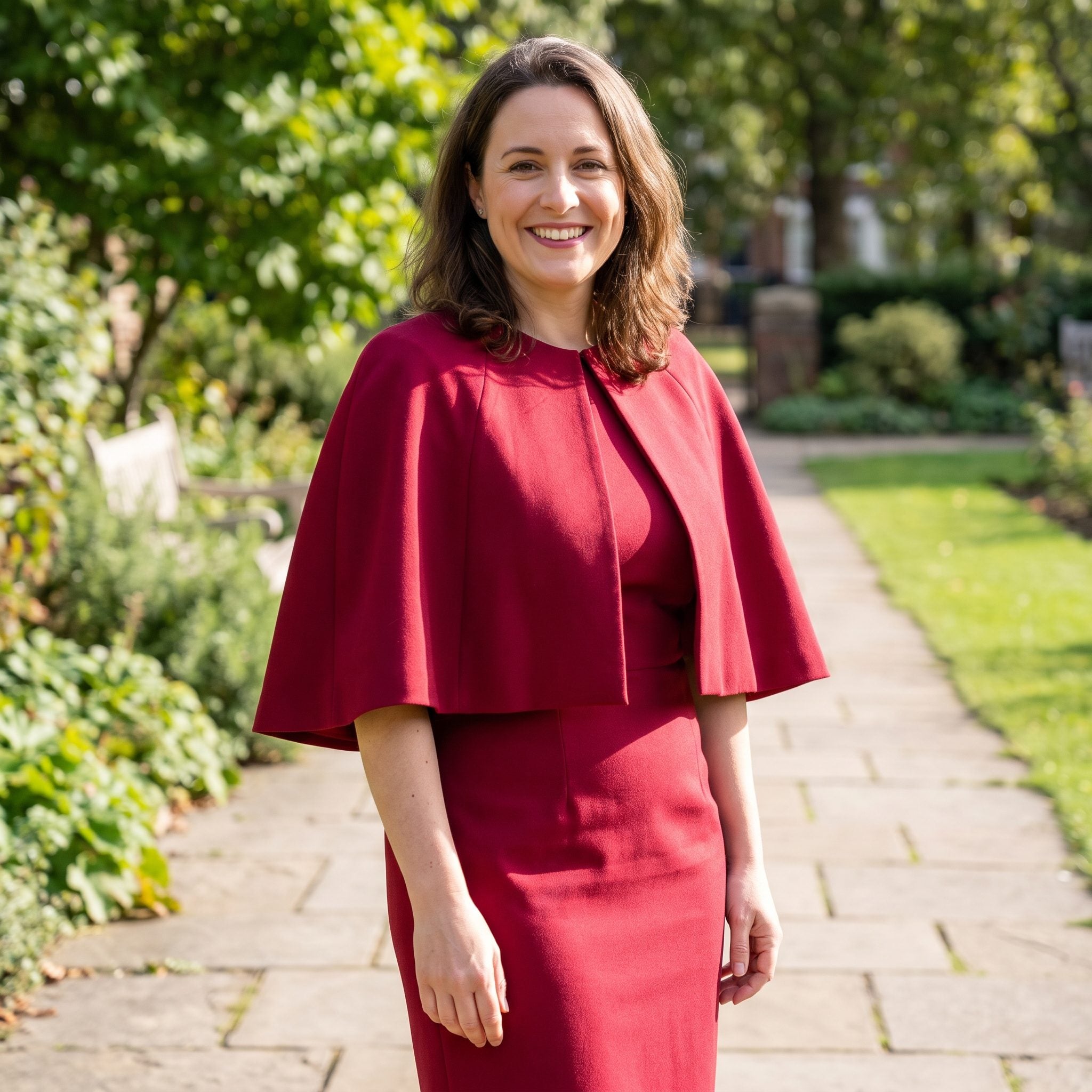 Ruby-red evening dress with a short matching cape and gold sandals