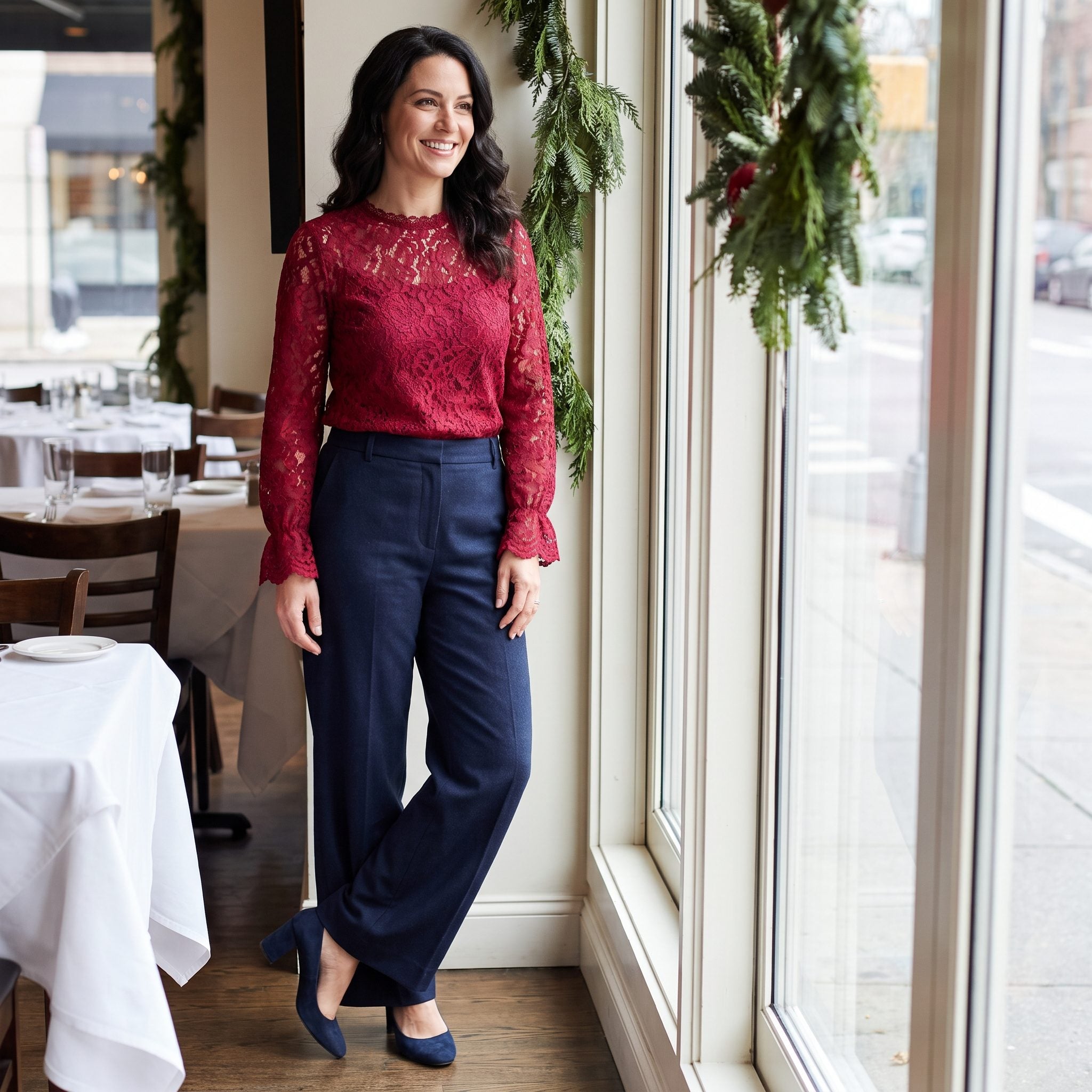 Ruby lace blouse with navy wide-leg trousers