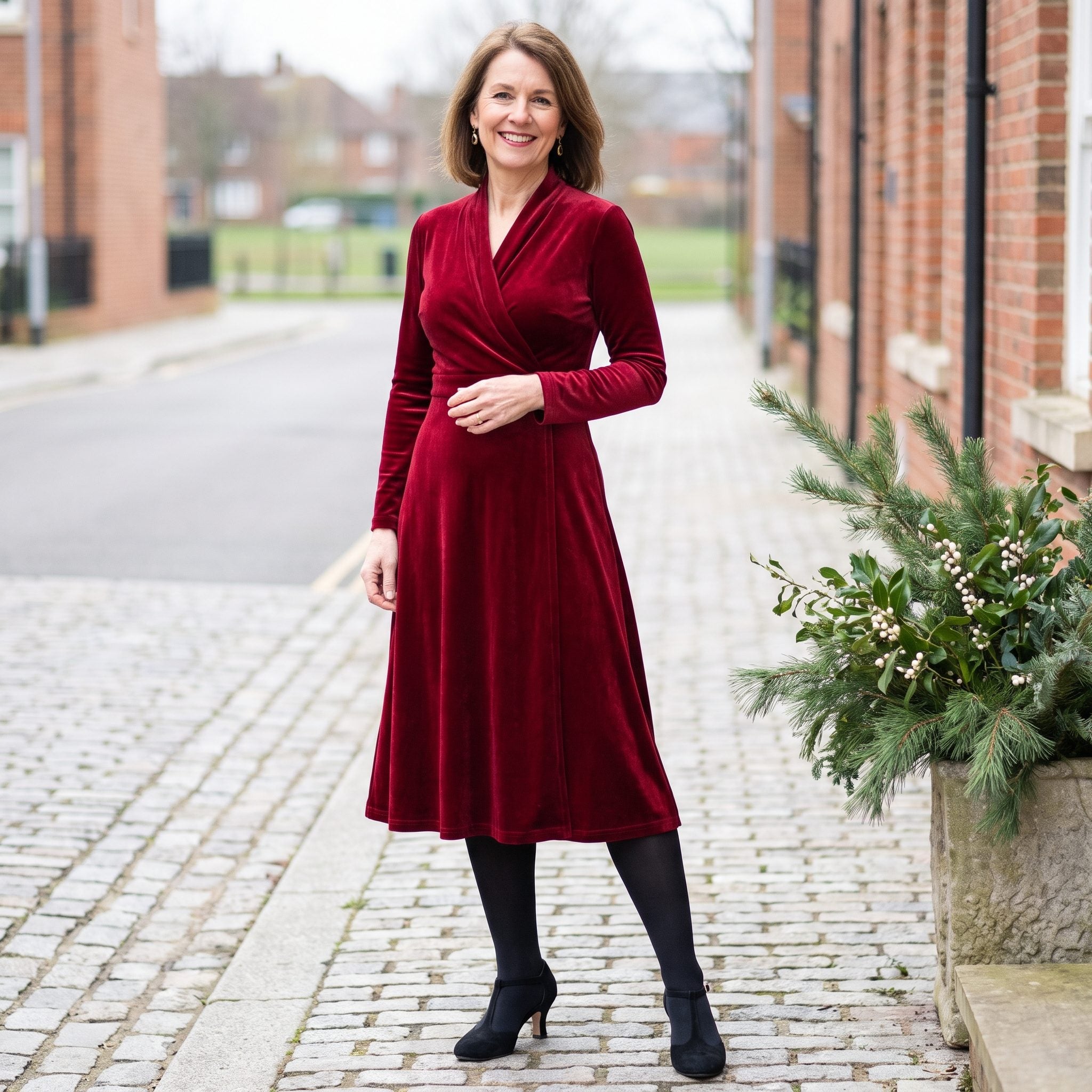 Ruby Velvet Wrap Dress with T-Strap Shoes