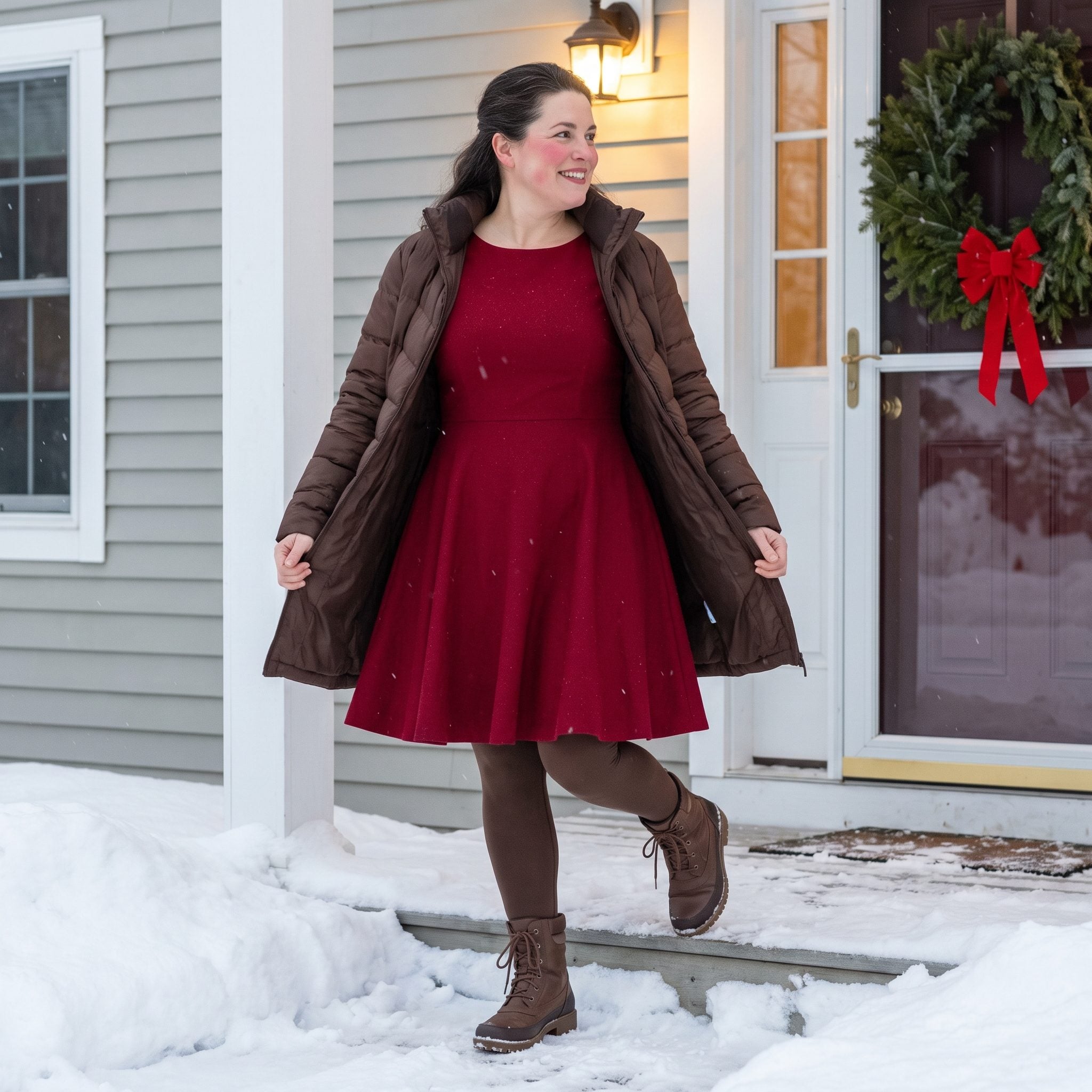 Ruby wool dress with brown lace-up winter boots