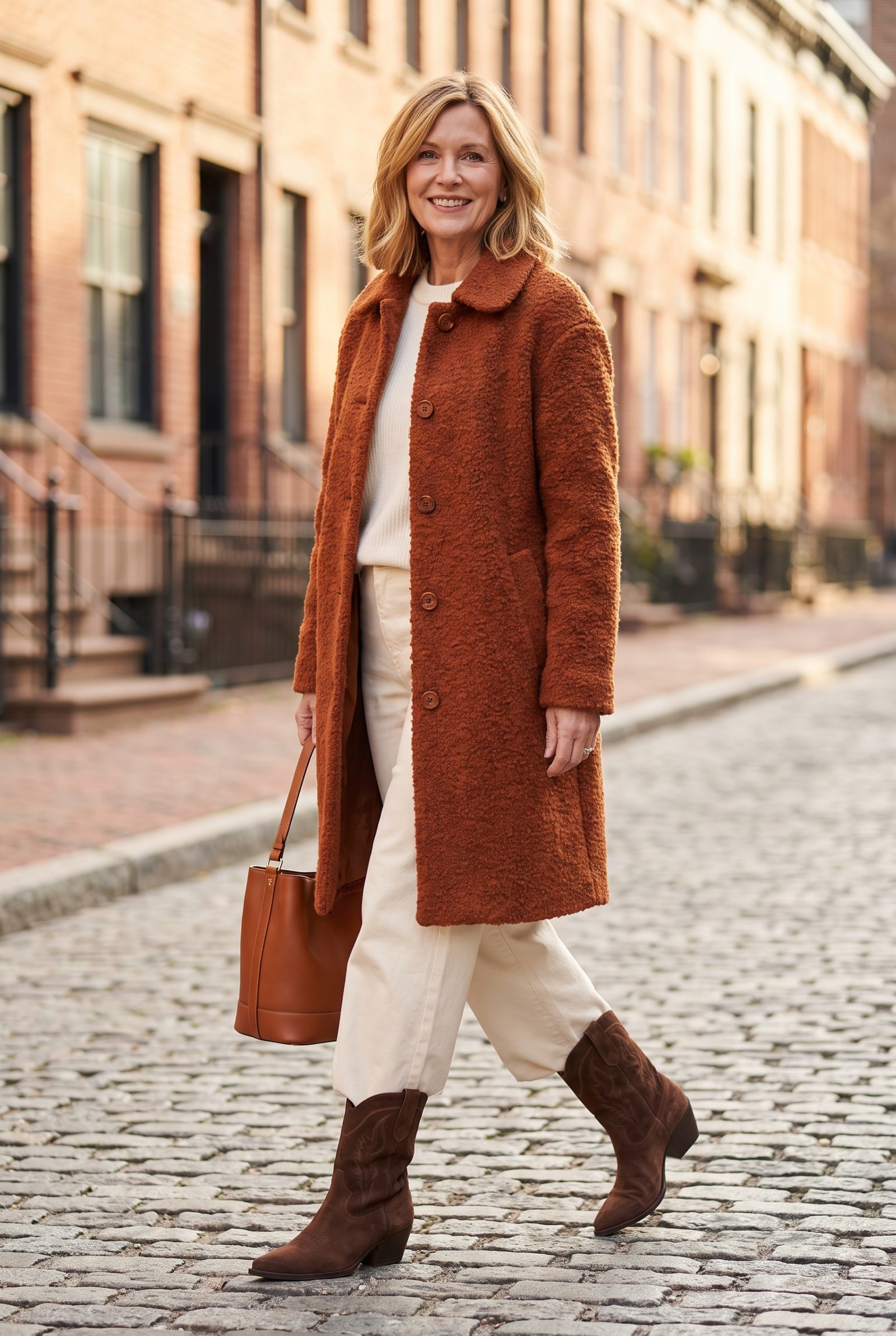 Rust Bouclé Coat + Chocolate Western Boots