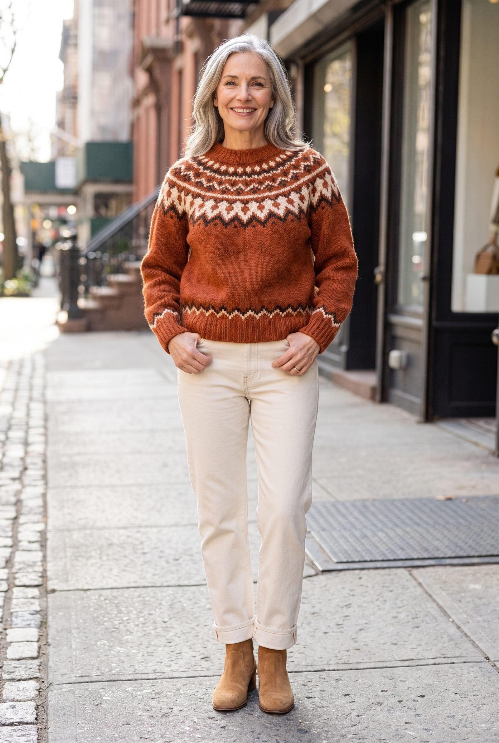 Rust Fair Isle Sweater + Ecru Straight-Leg Jeans