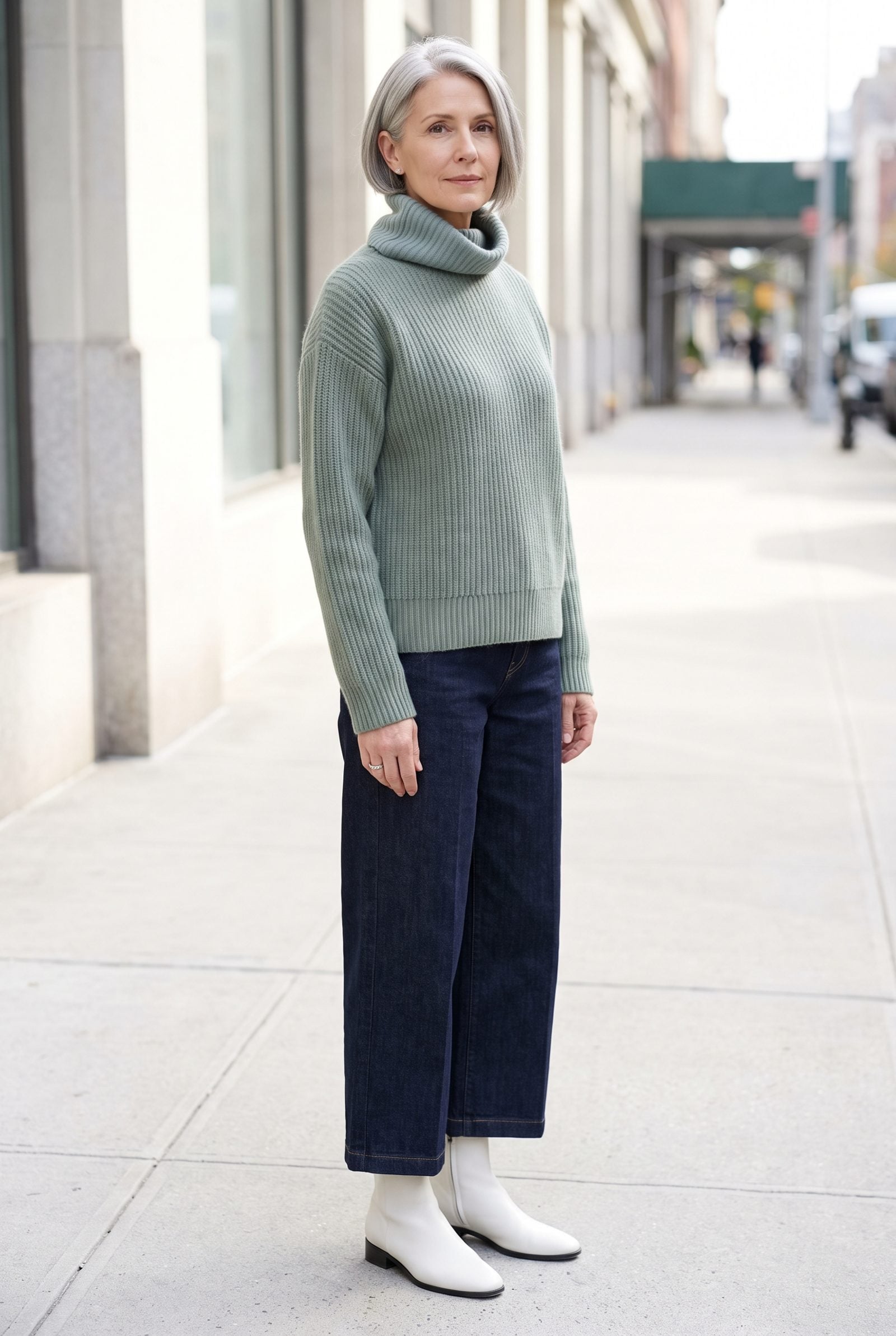 Sage Funnel-Neck Knit + Dark-Denim Culottes