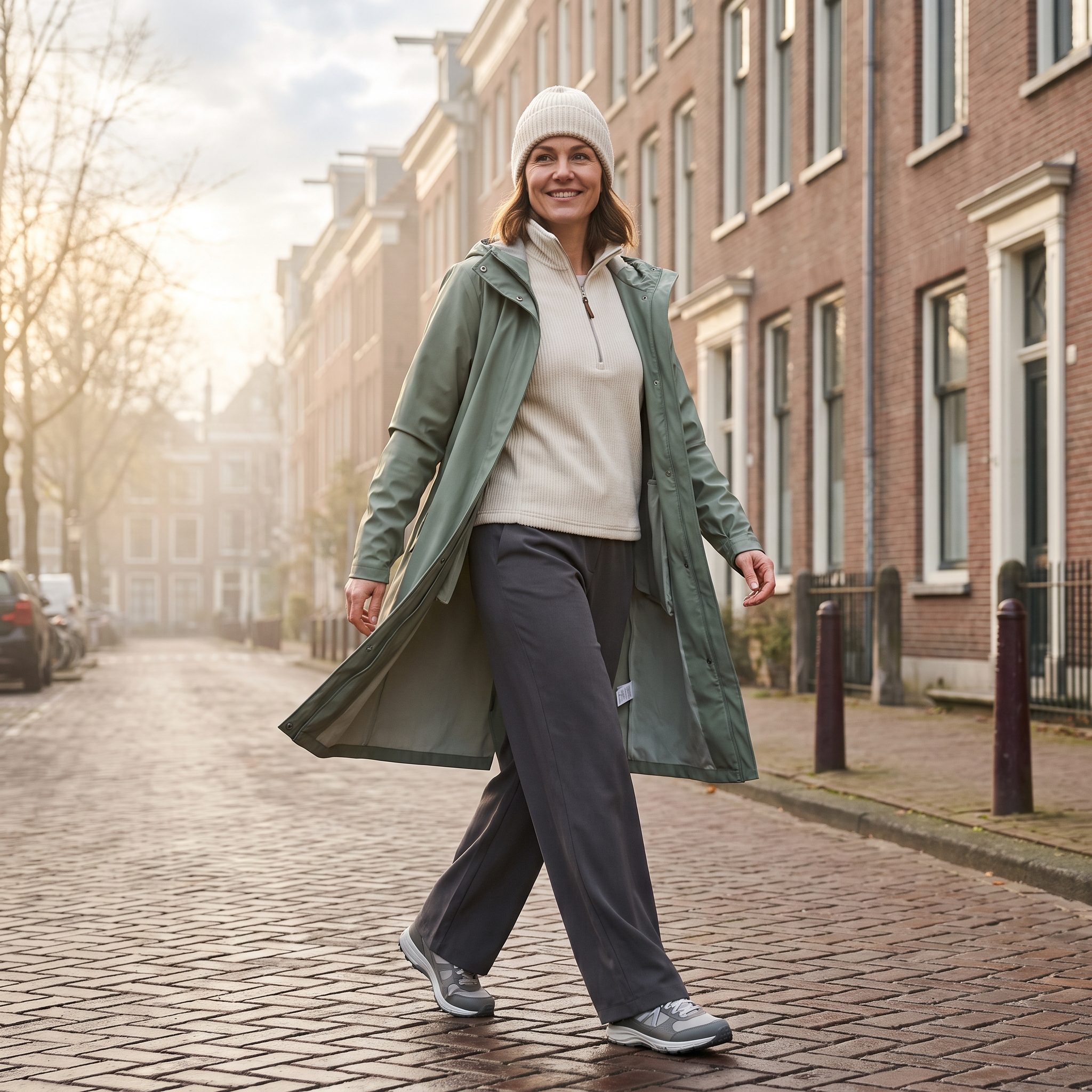 Sage Raincoat and Wide-Leg Trousers, 2019