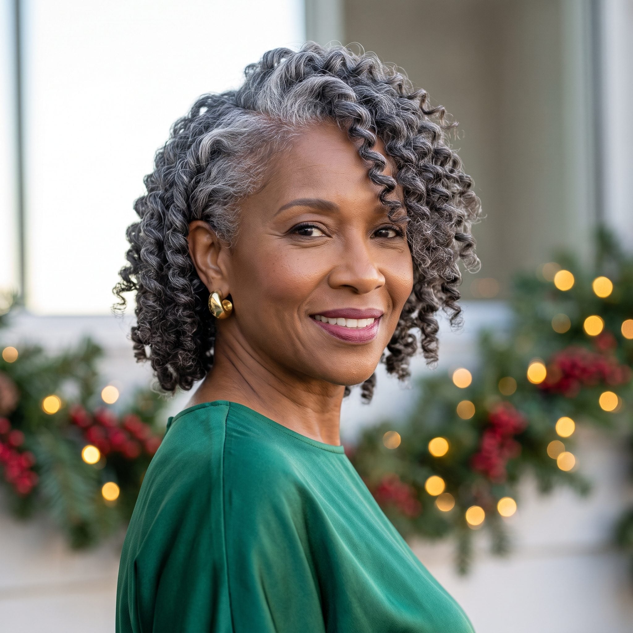 Salt-and-Pepper Side-Swept Bantu-Knot Out: Spirals With a Diagonal Attitude