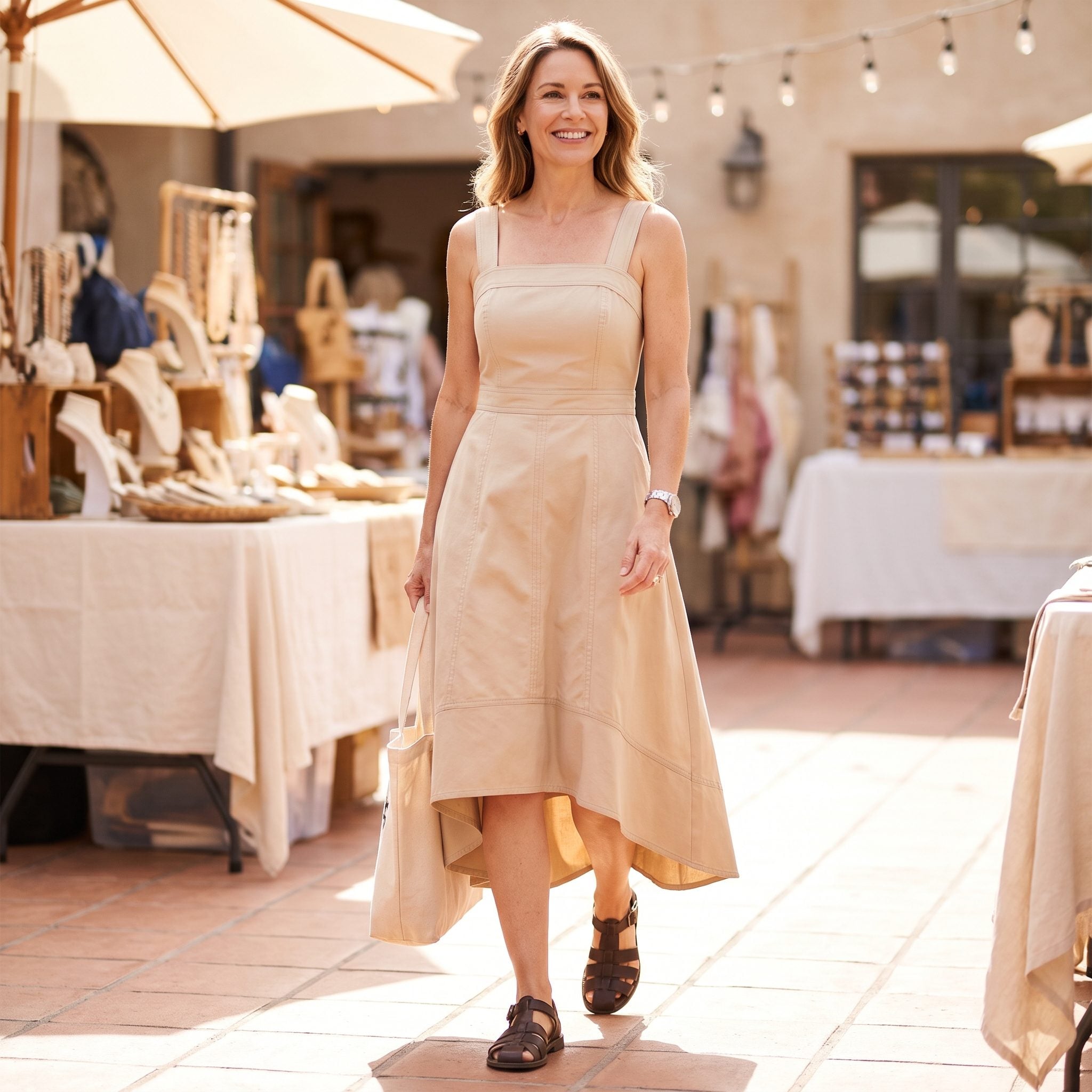 Sand Cotton Utility Dress with Contour Seams