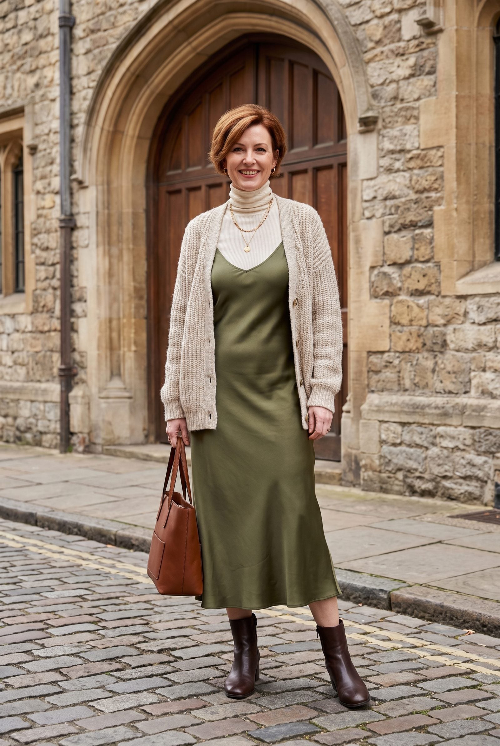 Sandwich a Satin Slip Dress Between a Base Layer and a Cardigan
