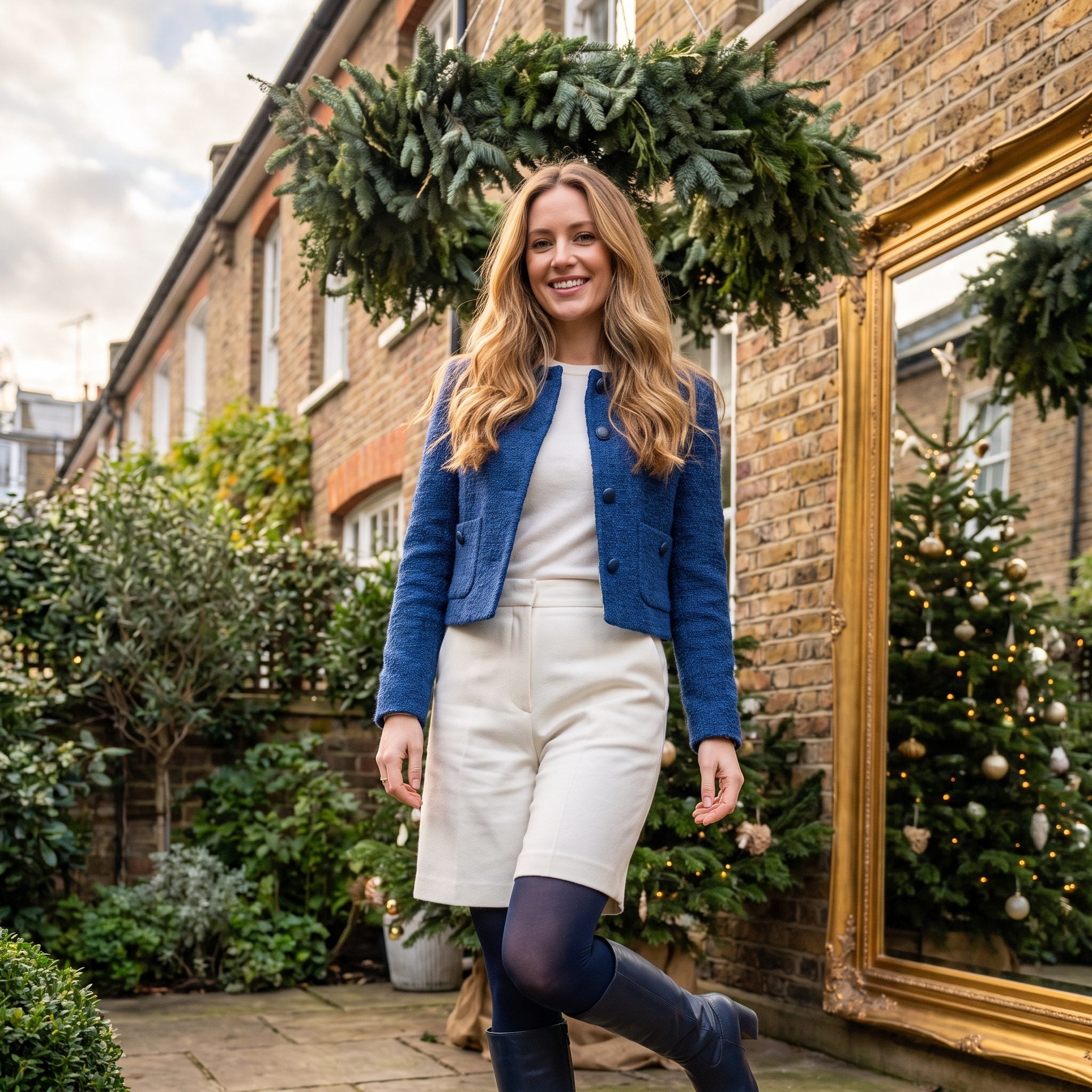 Sapphire tweed jacket with winter-white Bermuda shorts, tights, and boots