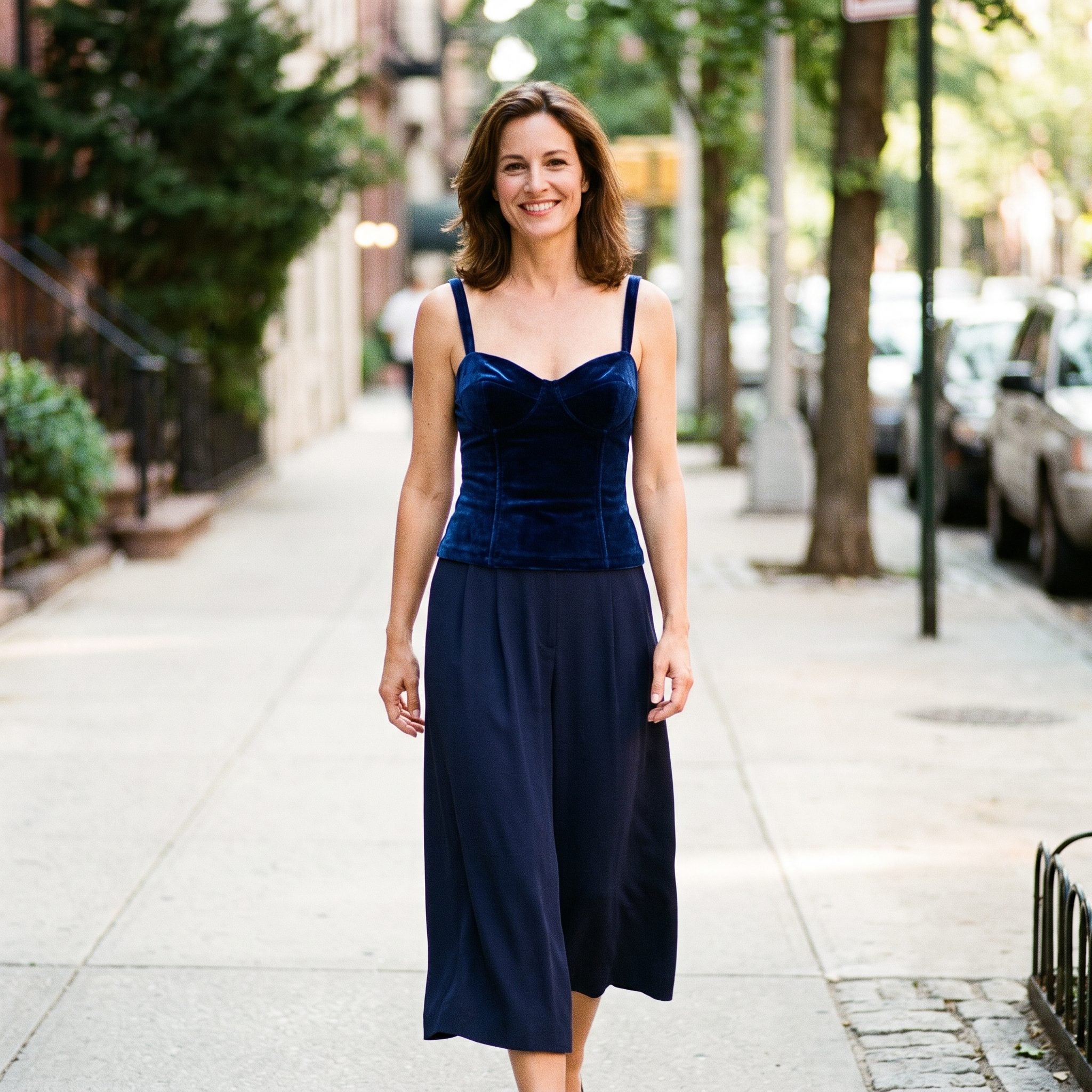 Sapphire velvet bustier paired with black crepe evening culottes