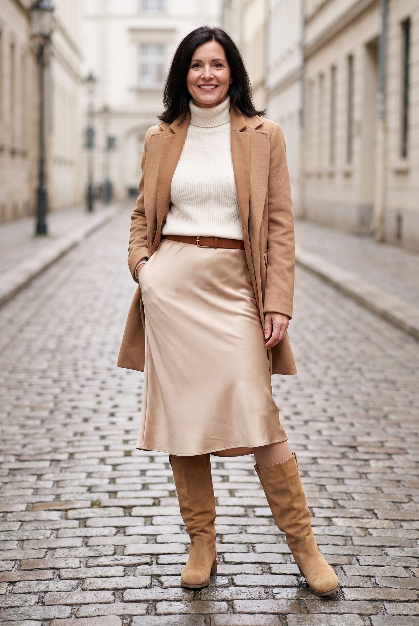Satin Bias-Cut Midi Skirt With Suede Knee-High Boots