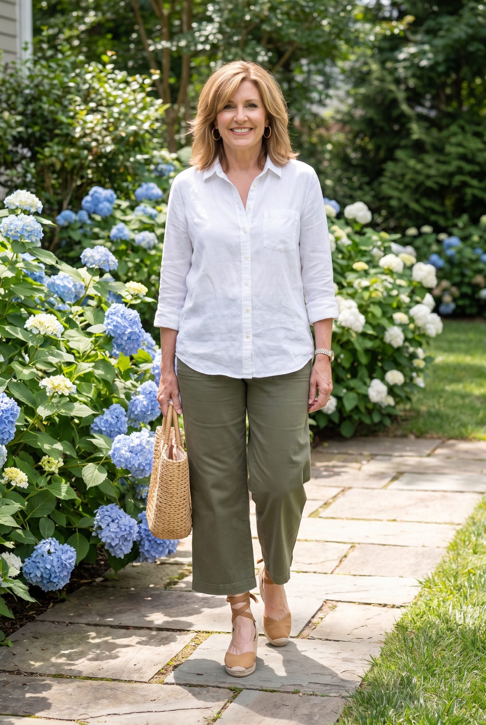 Saturday Errands: Tan Espadrilles, a White Linen Shirt and Olive Cropped Wide-Leg Pants