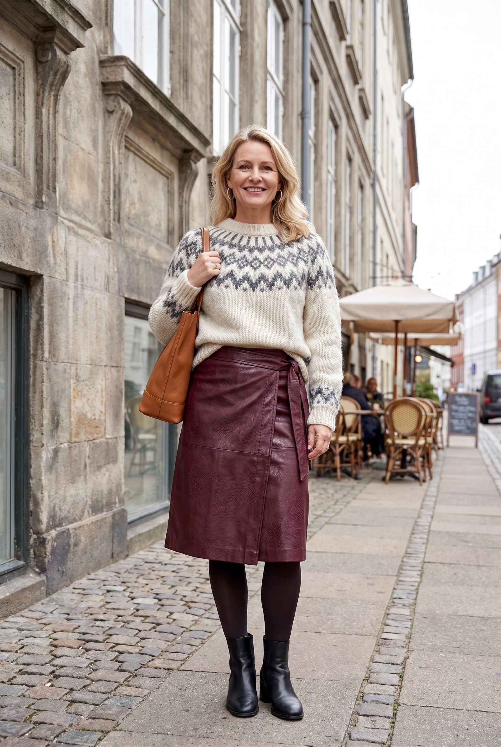 Scandinavian Knit With a Faux-Leather Wrap Skirt