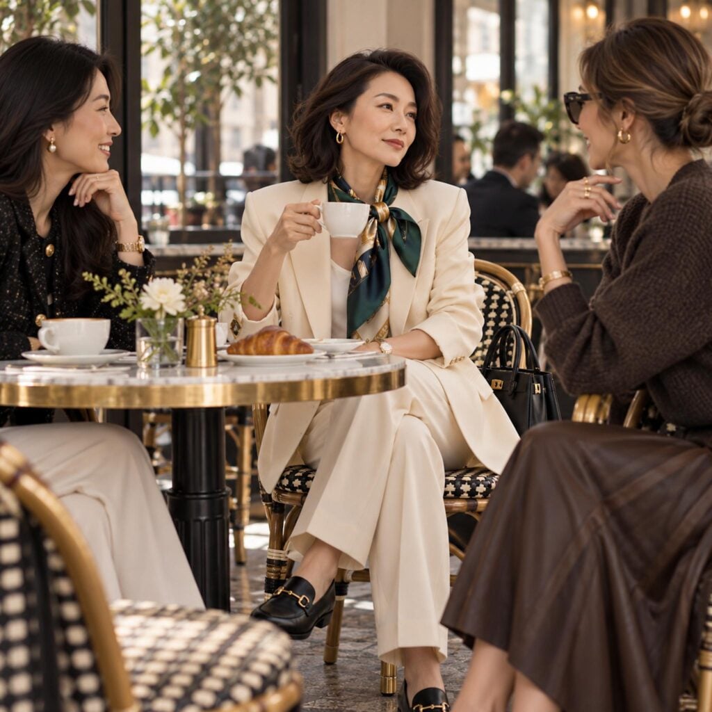 Woman in a cream suit wearing an emerald silk neck scarf at a cafe with friends