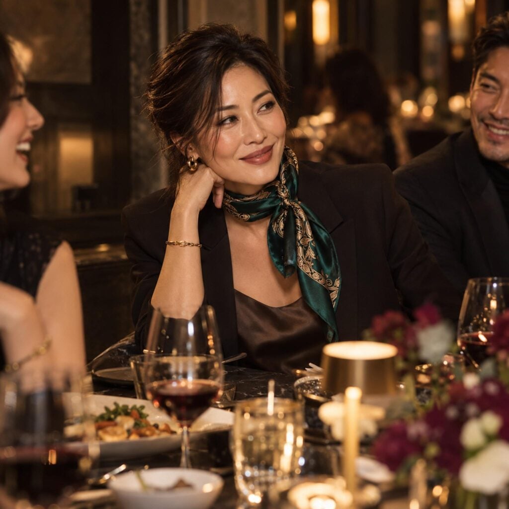 Asian woman wearing an emerald silk neck scarf with a black blazer at dinner with friends
