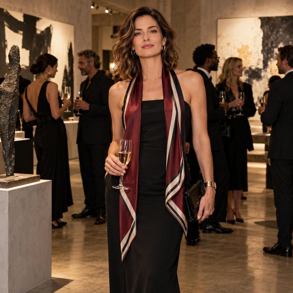 Woman wearing a long oxblood silk scarf loose over a black evening dress at a gallery opening