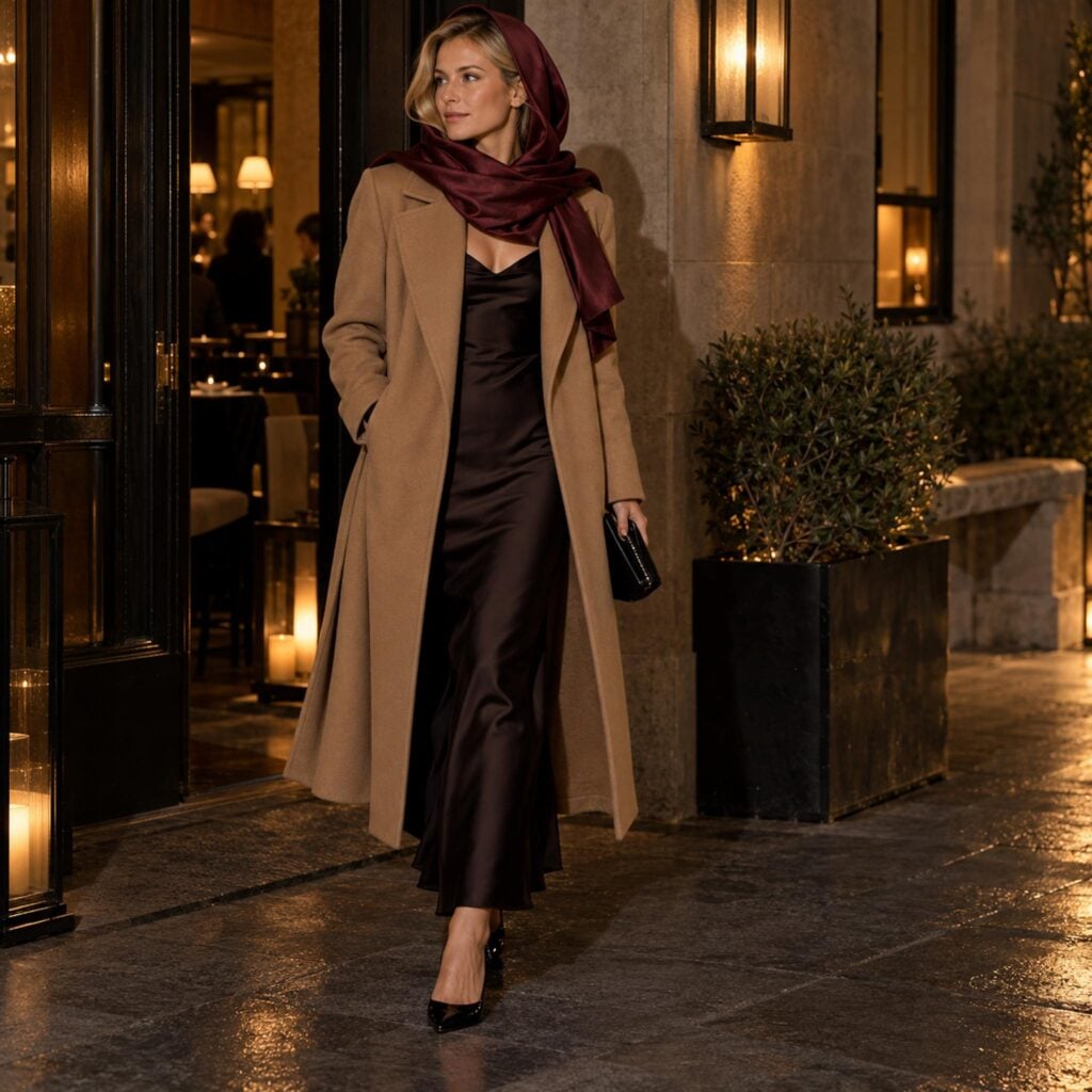 Blonde woman wearing a burgundy silk scarf hooded under a camel wool coat at night