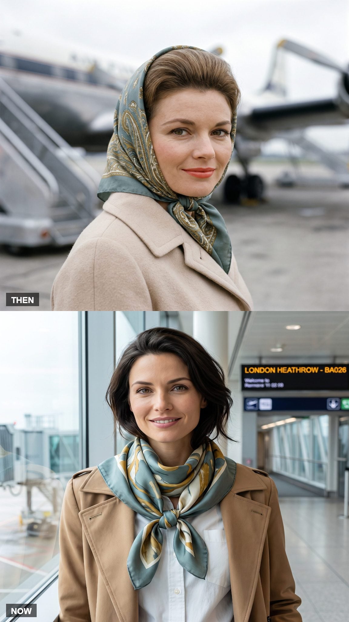 Vintage silk headscarf tied beneath the chin compared with a modern silk neck scarf and trench coat