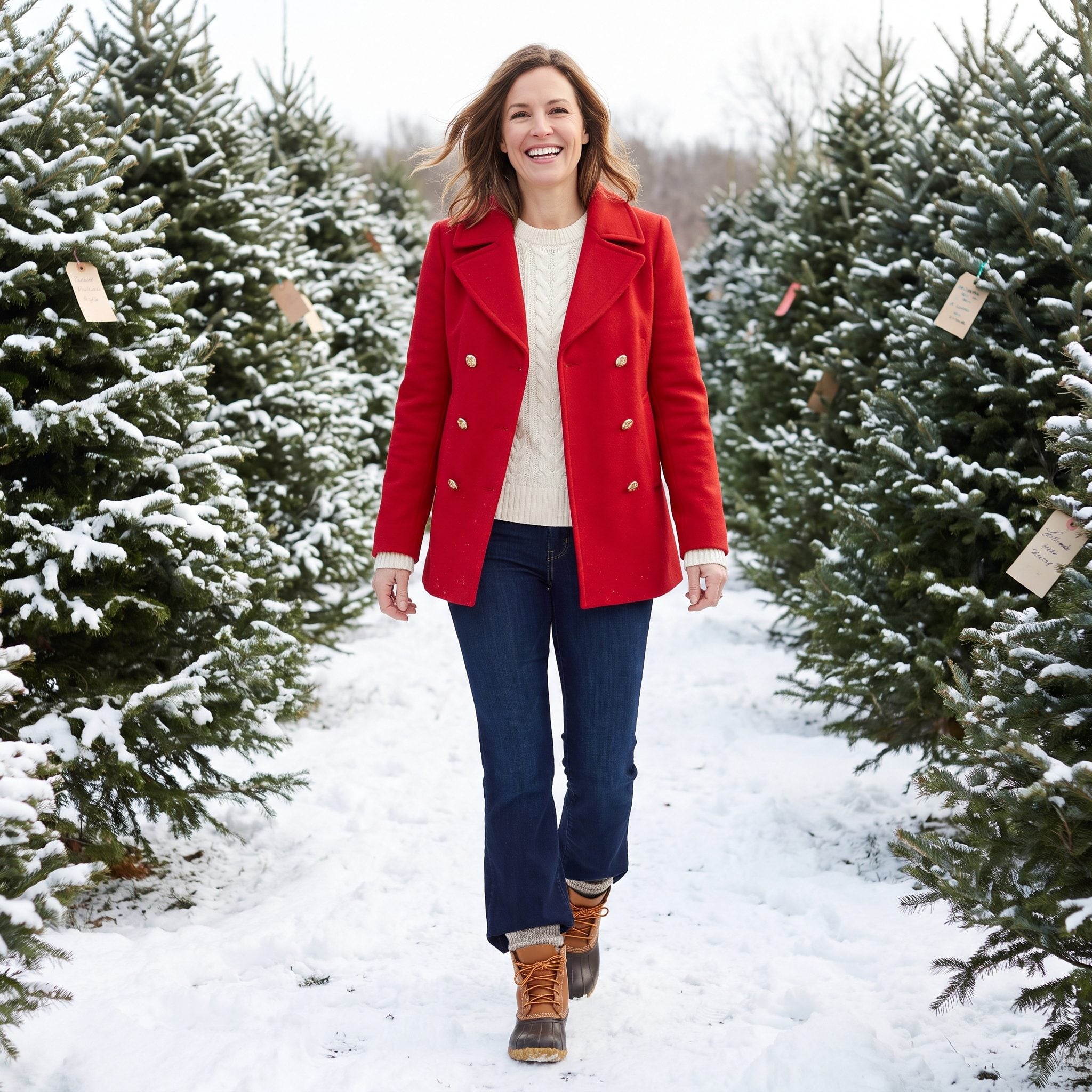 Scarlet peacoat with indigo flared jeans and duck boots