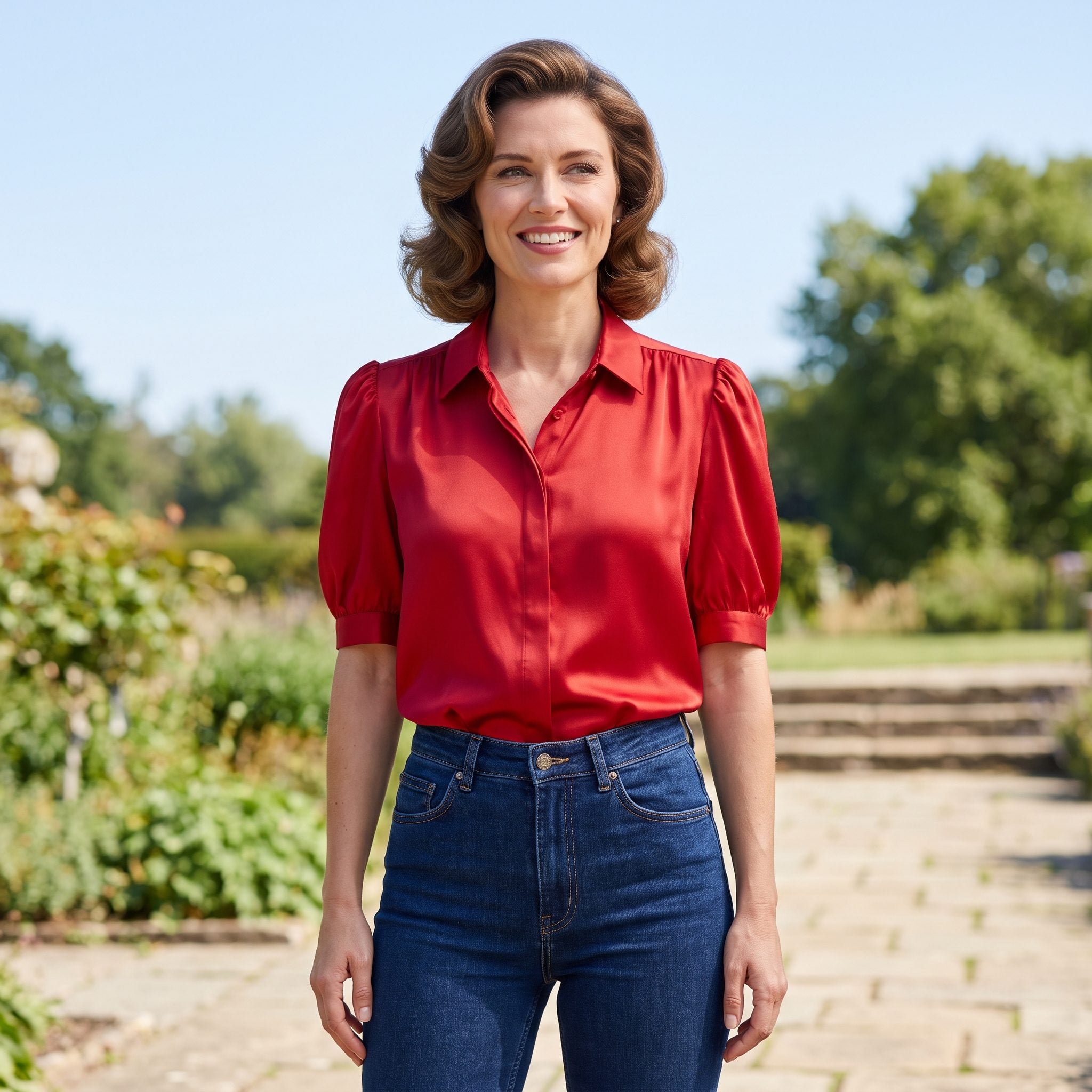 Scarlet satin blouse with exaggerated puff sleeves worn with dark indigo jeans