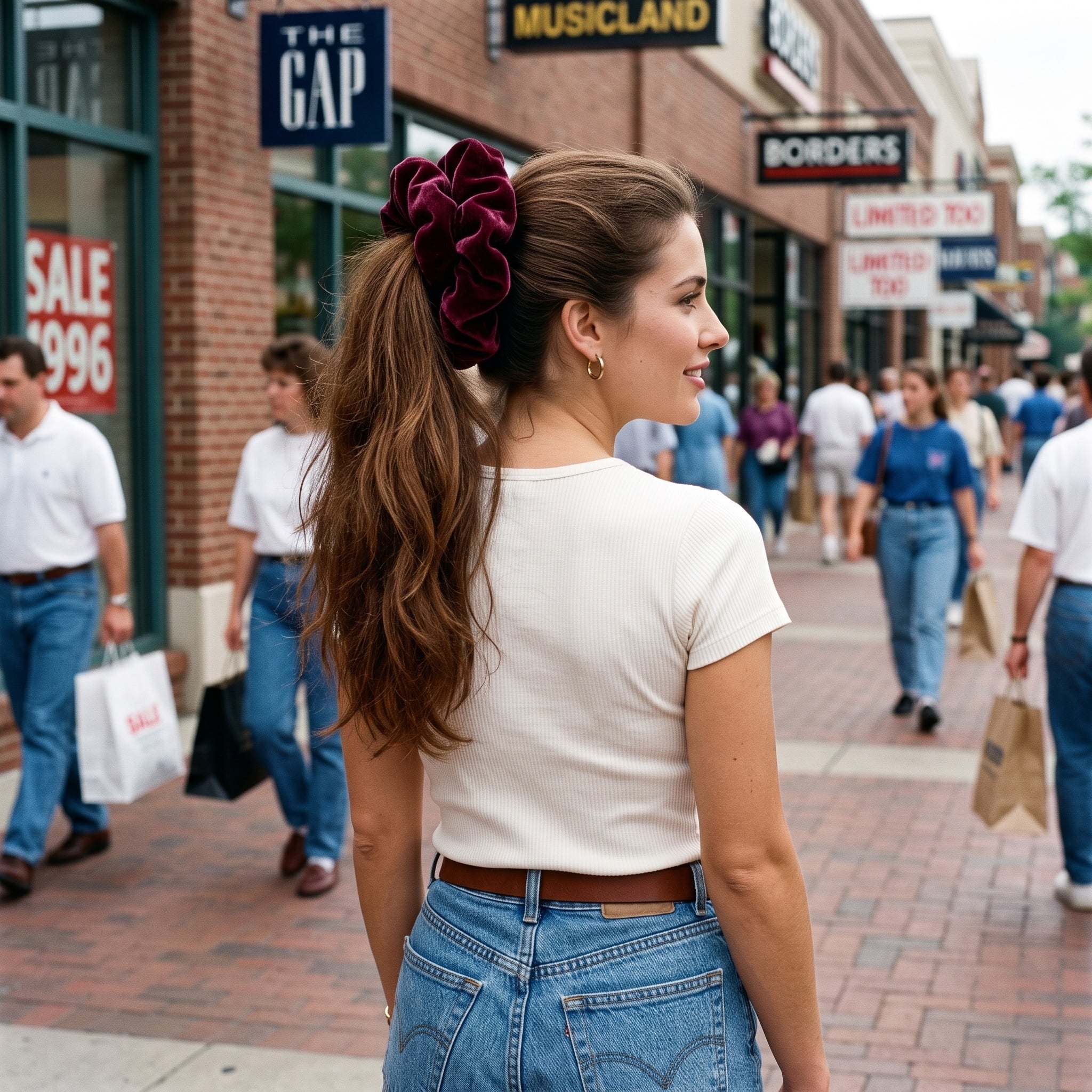 Woman with high ponytail secured by oversized burgundy velvet scrunchie on a 1990s shopping street
