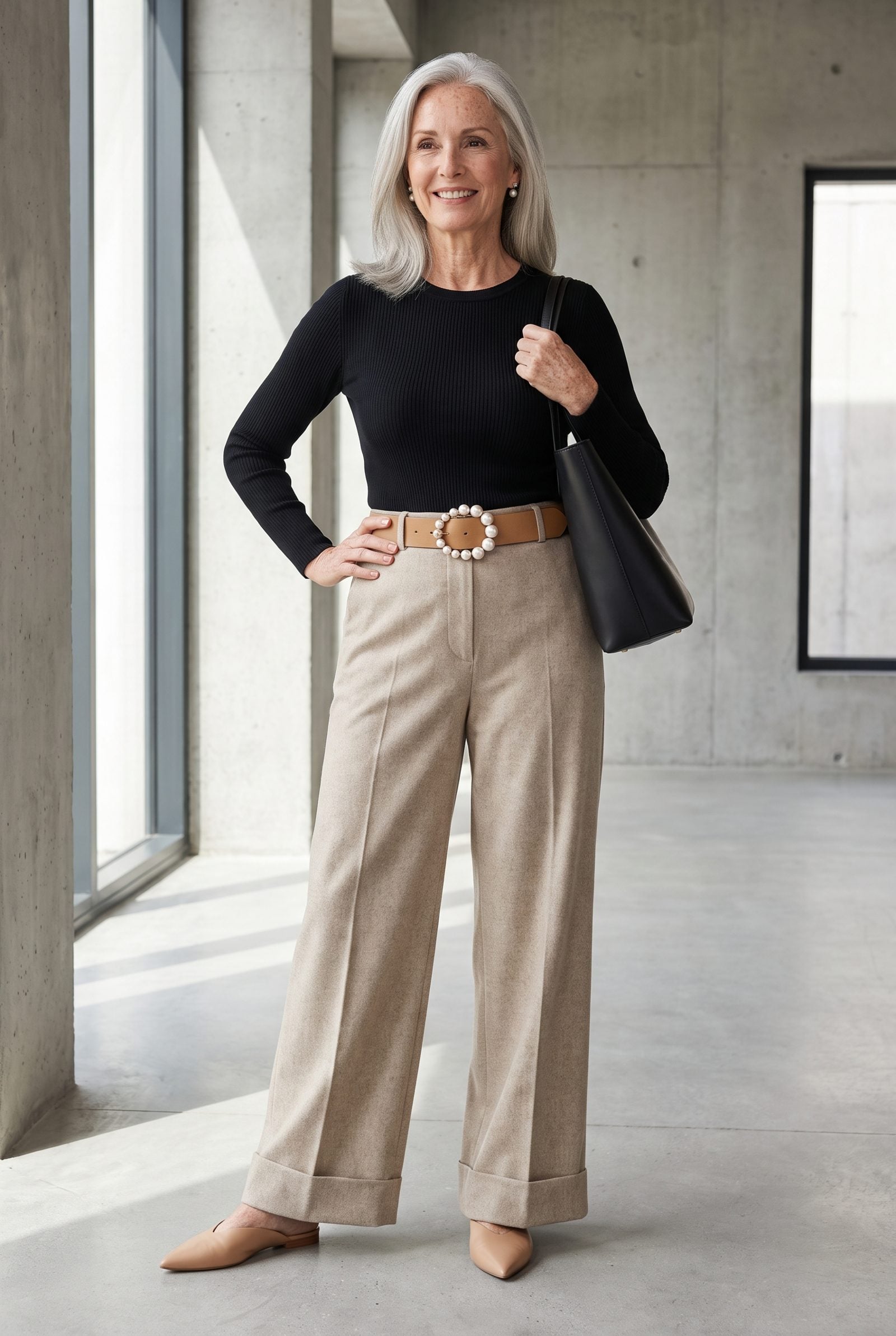 A Sculptural Pearl-Buckle Belt With Wide-Leg Trousers