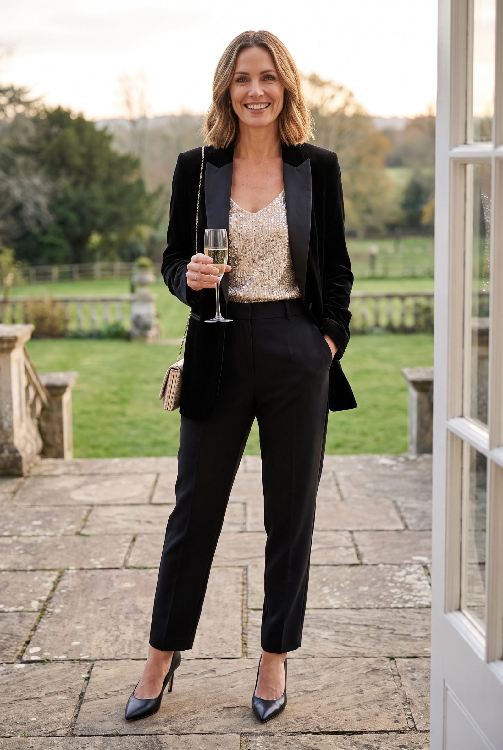 Sequined Shell Under a Relaxed Tuxedo Jacket