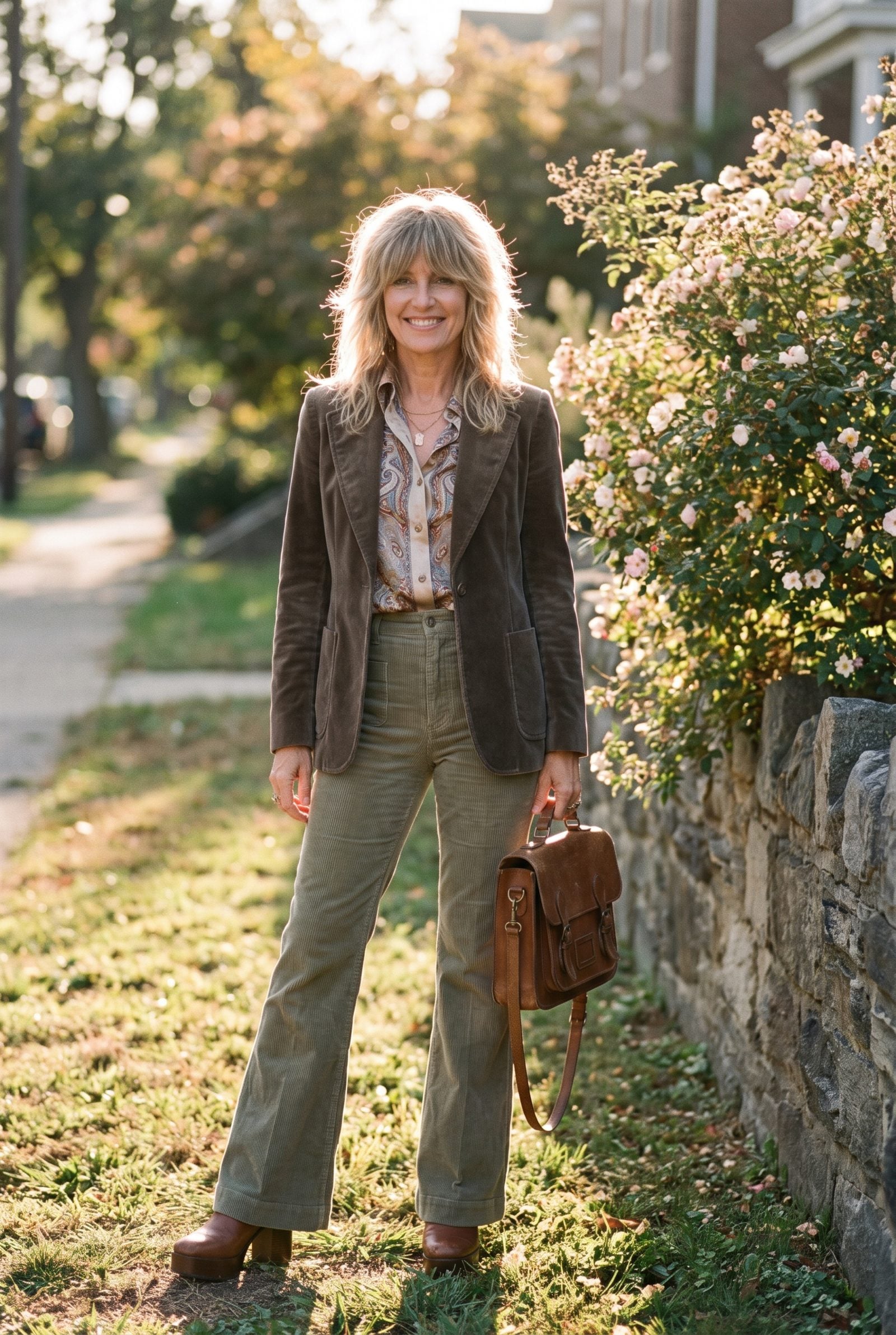 Woman aged 55 to 62 in a doorway with a layered shag cut and center-parted curtain fringe reaching the collarbone.