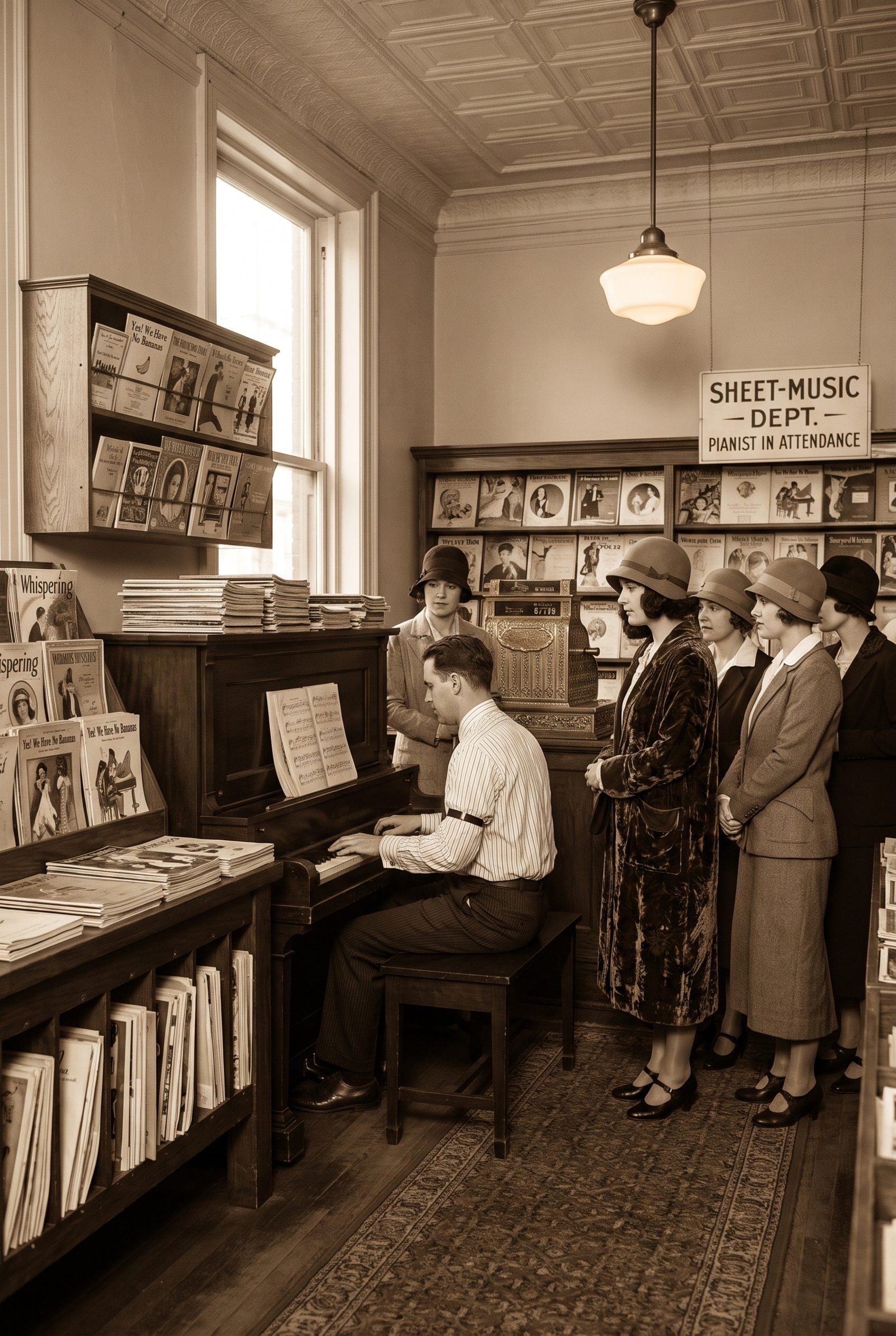 Sheet-Music Departments With Pianists Demonstrating Songs
