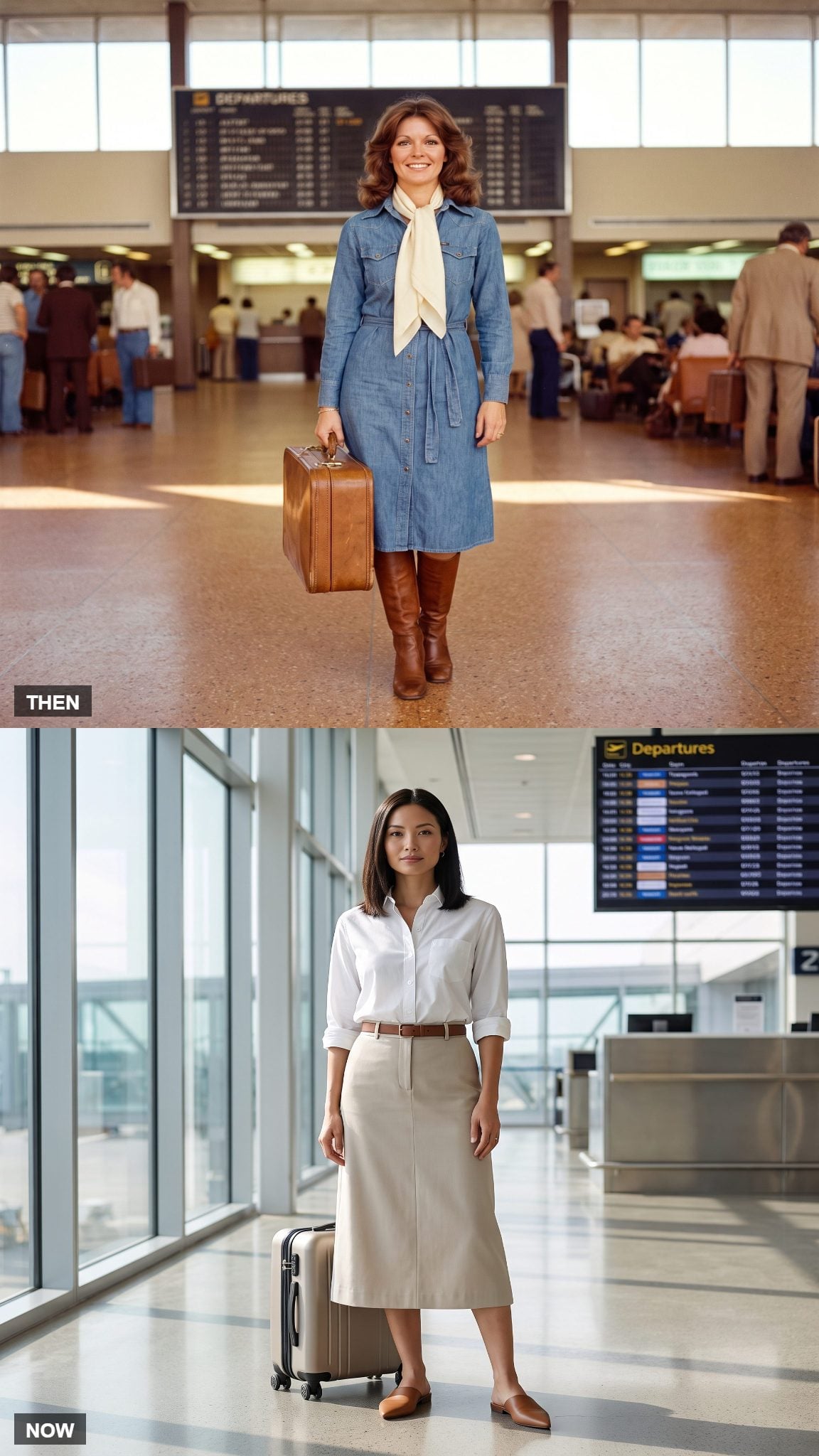 Vintage belted denim-blue shirt dress compared with a modern shirt and column skirt