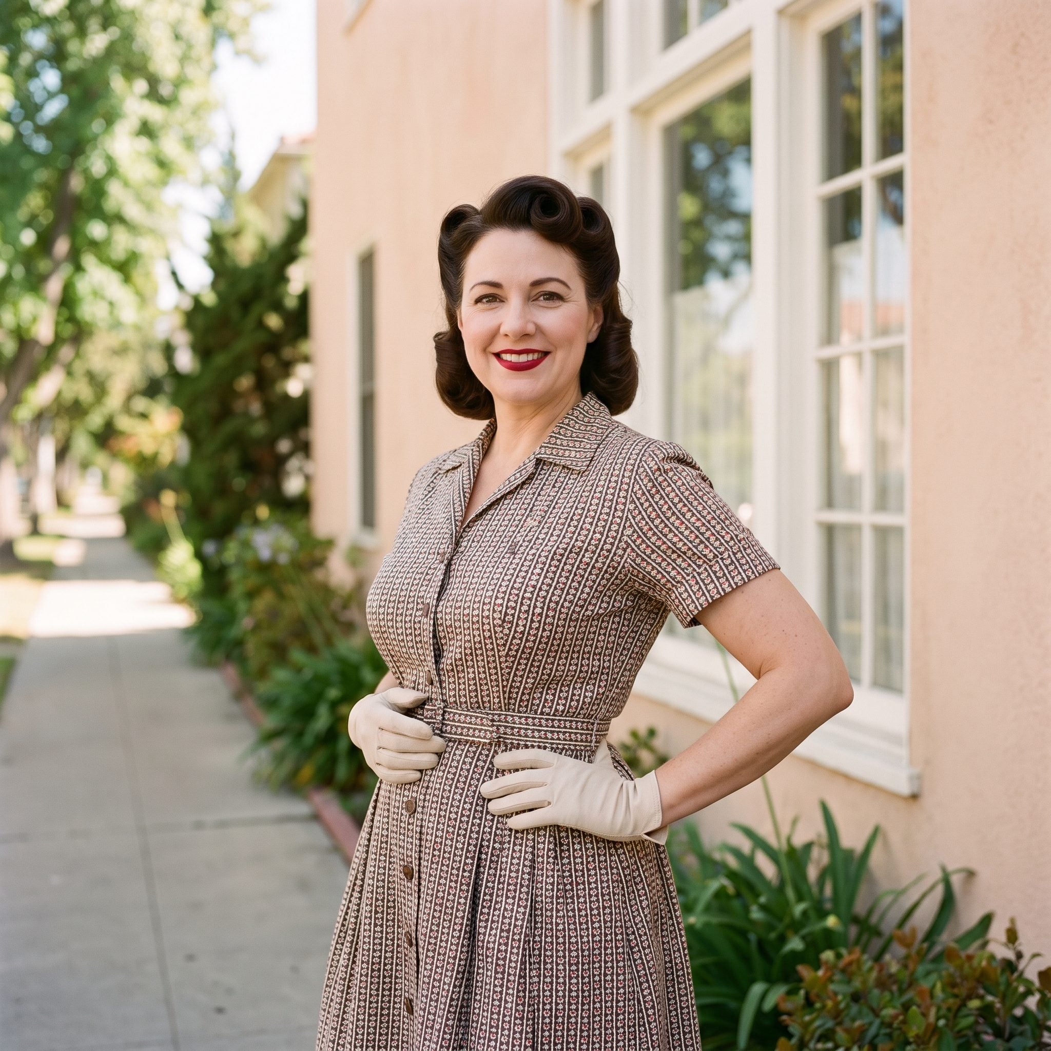 1950s shirtwaist dress with a defined waist and full skirt