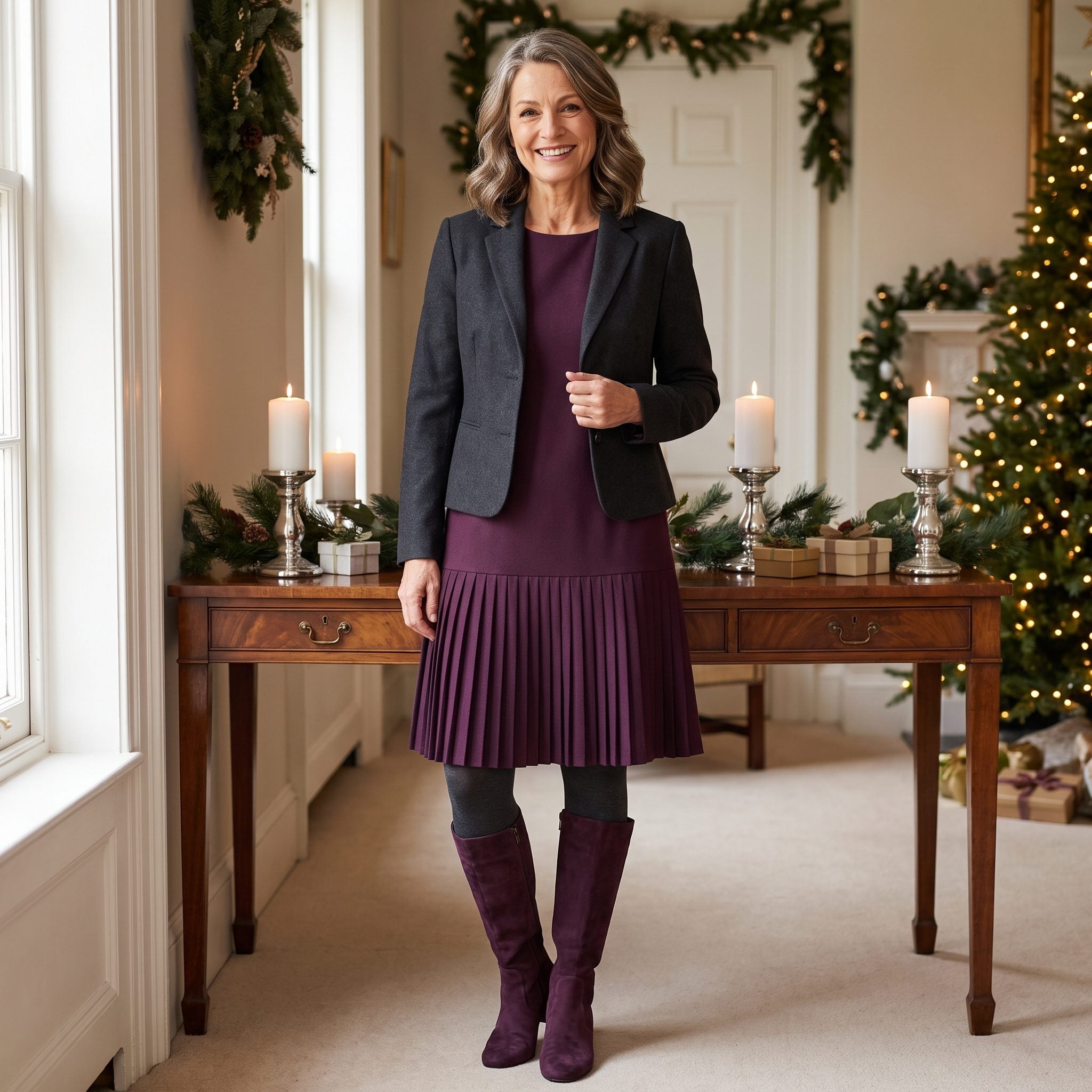 Woman in a plum dropped-waist dress and short charcoal jacket worn open at a reception