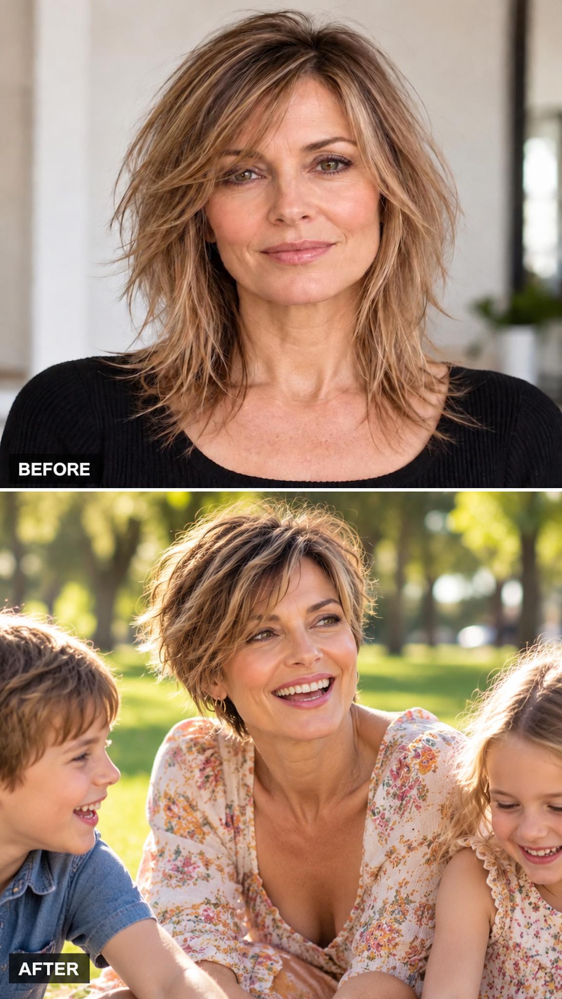 Fine hair transformed from wispy shoulder-length layers into a short textured bixie