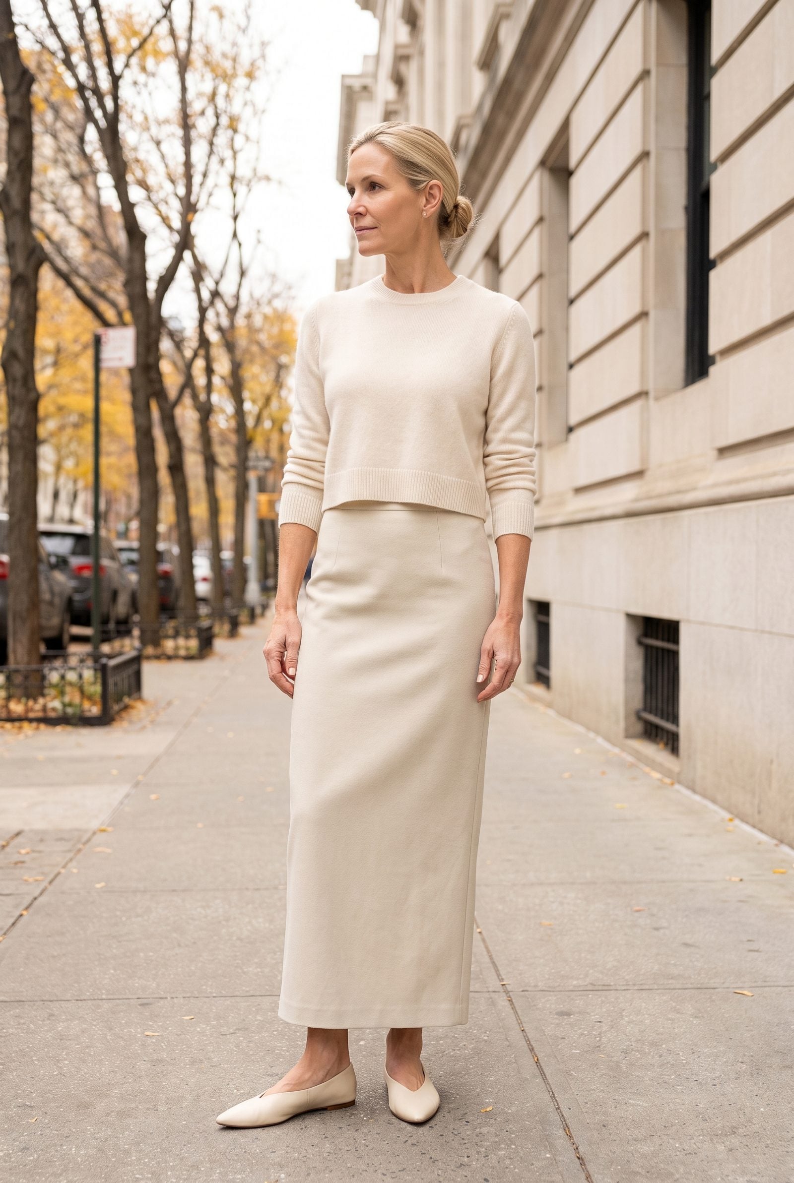 Short Sweater Over a High-Waisted Column Skirt