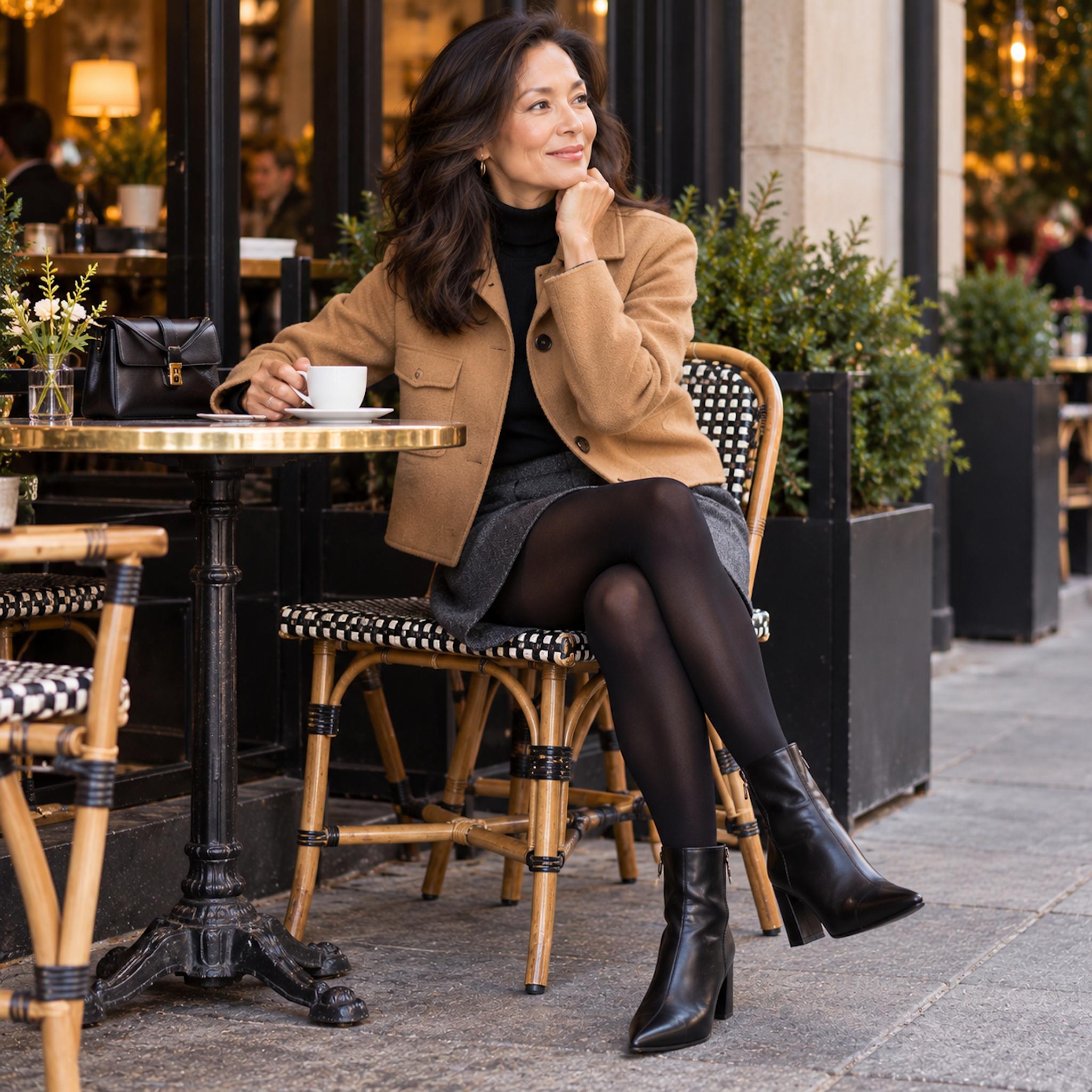 Asian woman seated at outdoor cafe in camel jacket, charcoal wool skirt, black opaque tights, and polished black ankle boots