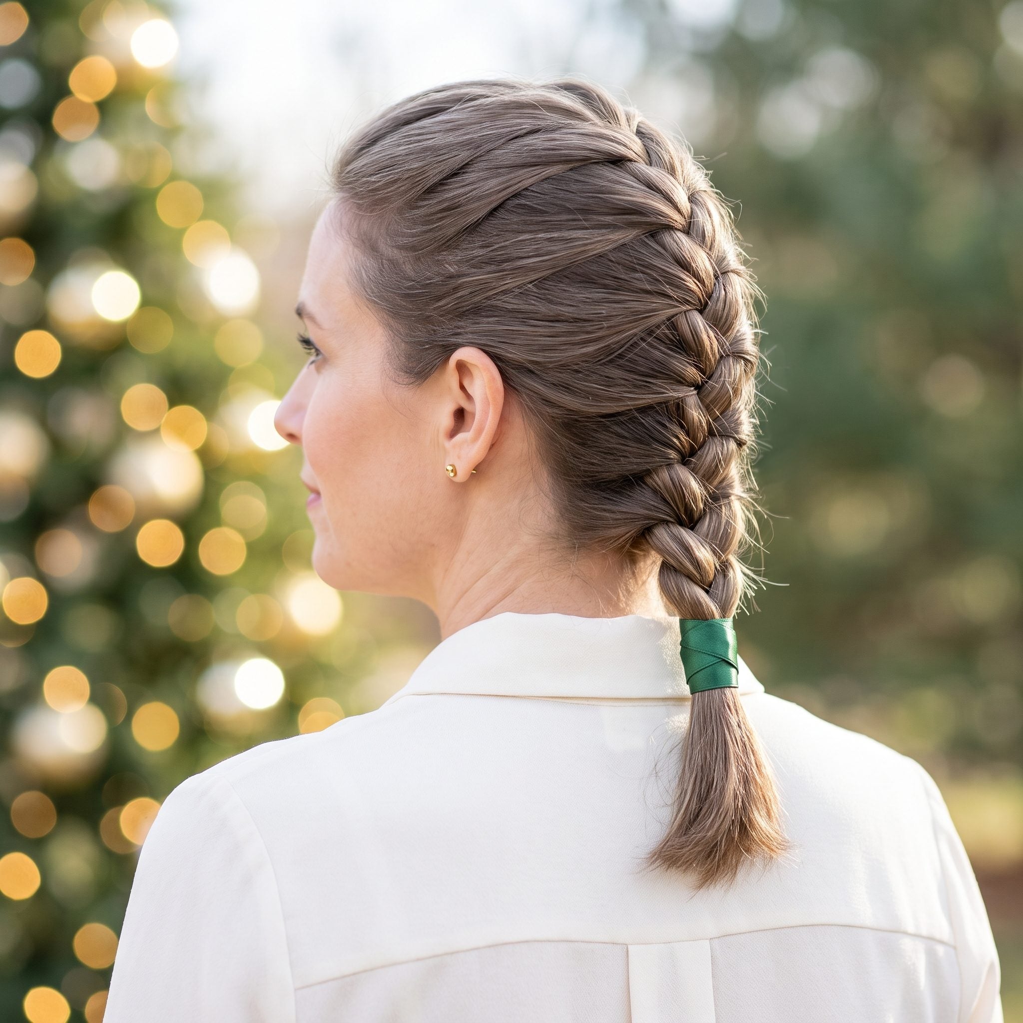 Shoulder-Length French Braid With a Satin-Wrapped Tip