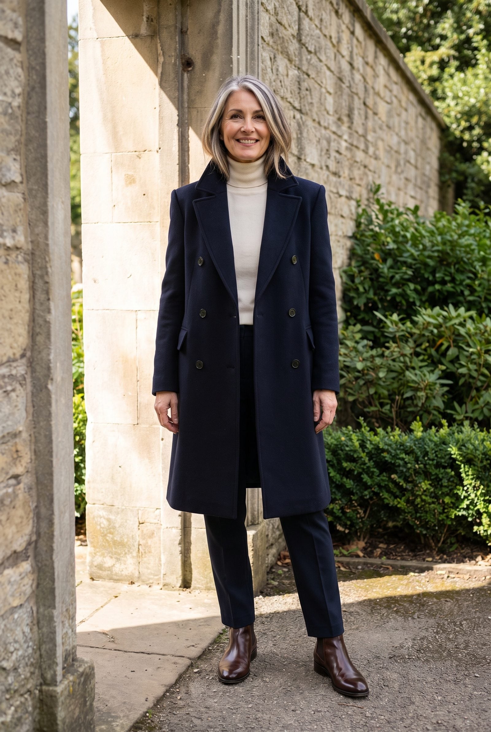 Woman in a navy double-breasted coat with structured shoulders photographed from the waist up outdoors.