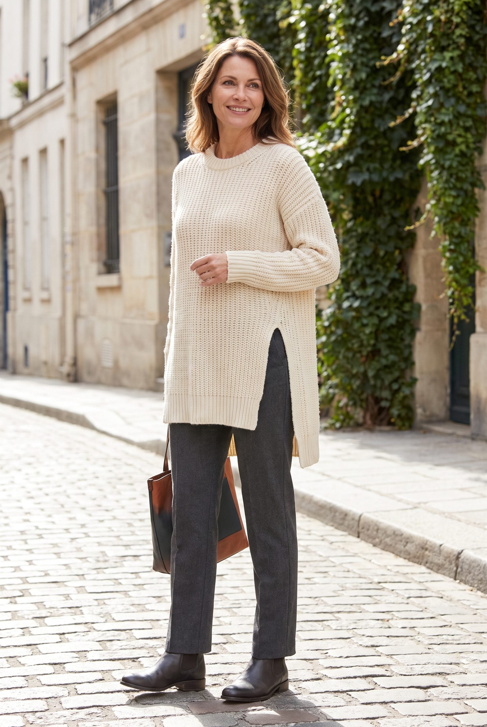 Side-Slit Tunic Sweater With Straight Pants and Sleek Boots