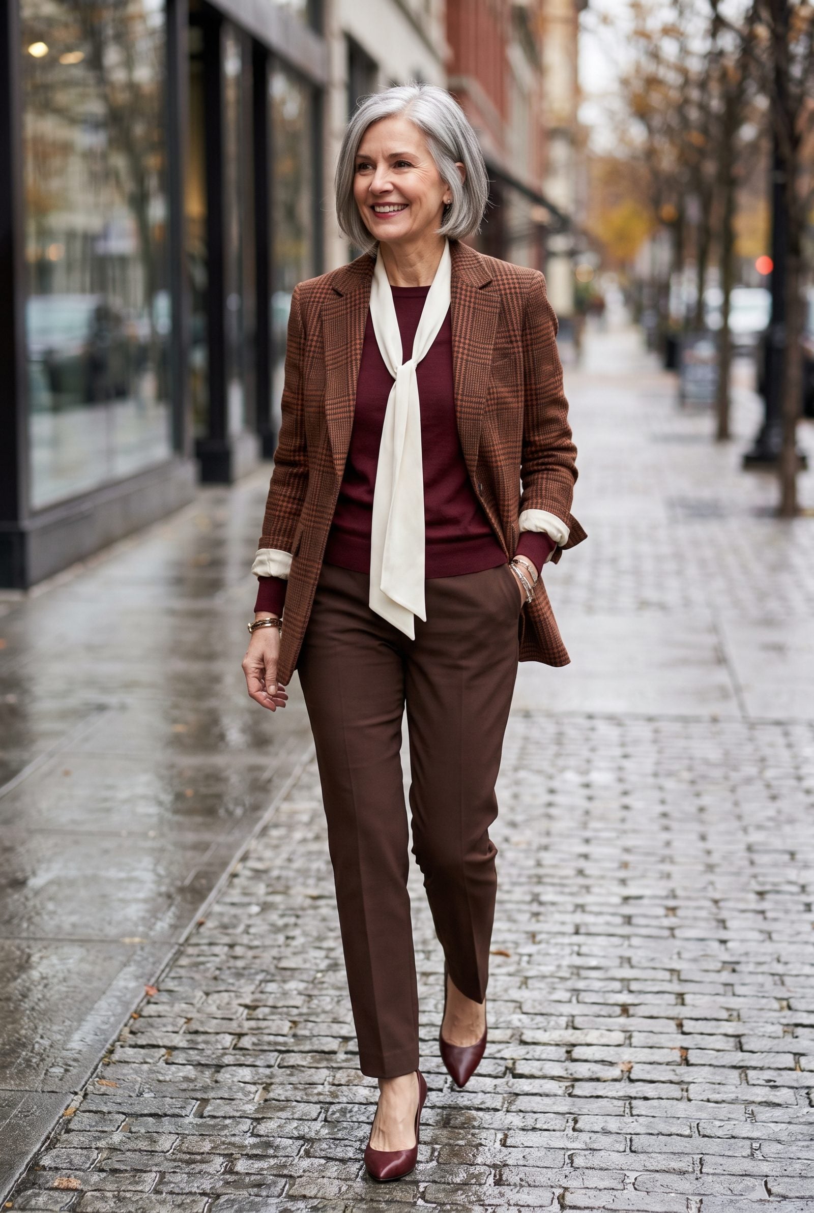 Silk Blouse + Fine-Knit Crewneck + Plaid Blazer