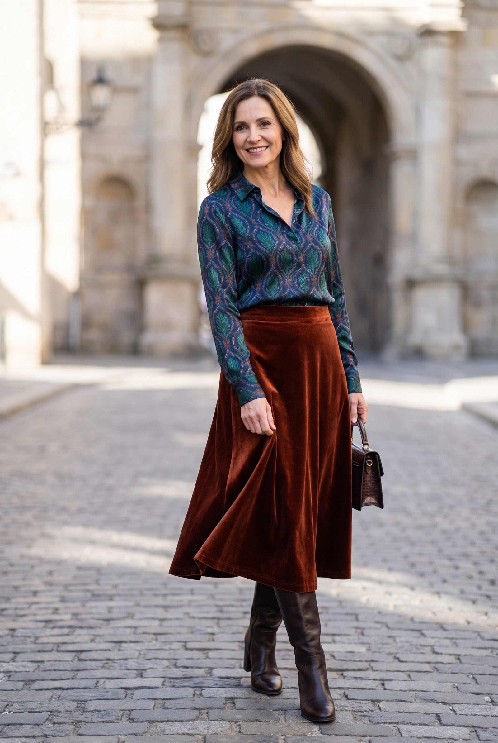 Silk Printed Blouse With an A-Line Velvet Skirt