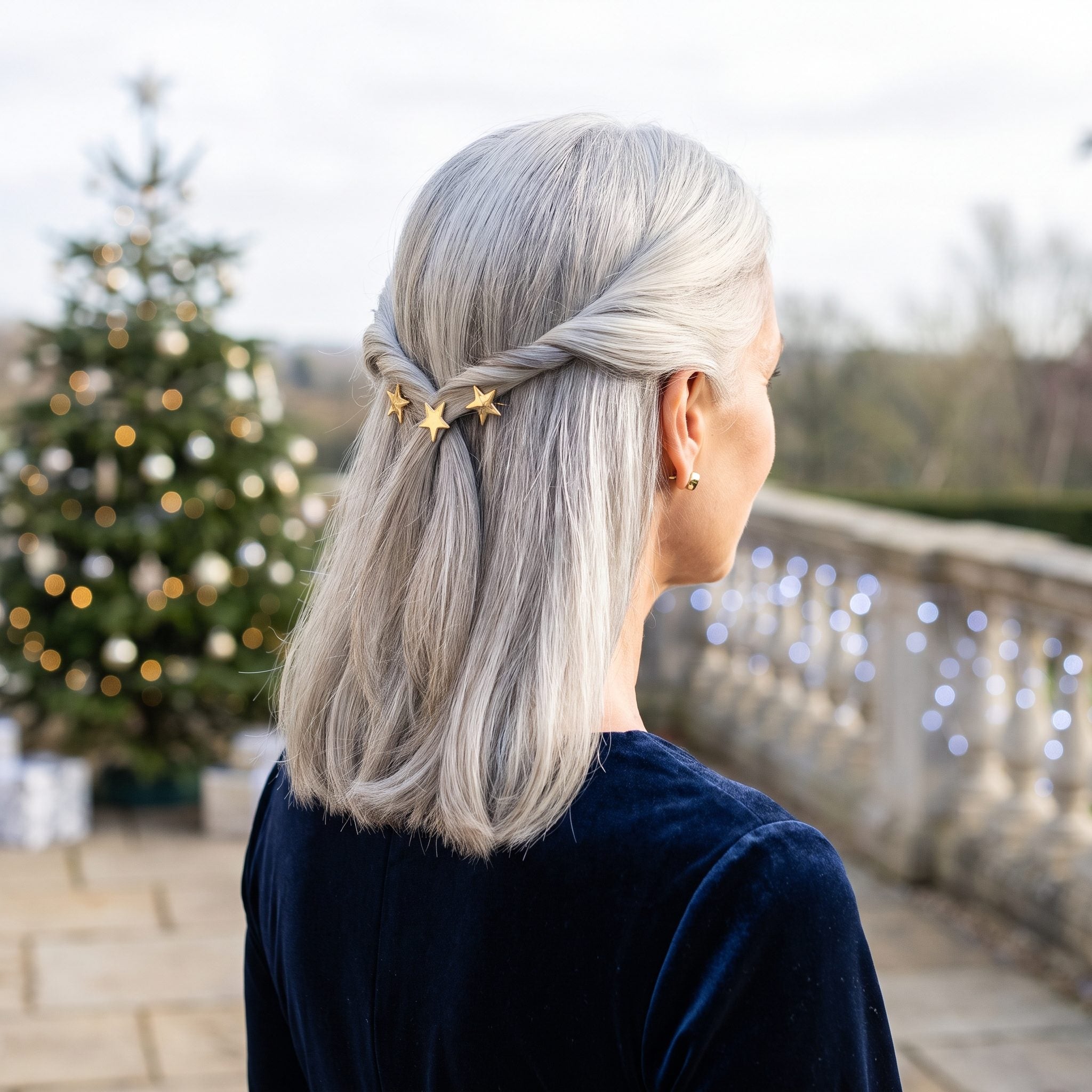 Silver Crossed-Twist Half-Up Style: Two Twists and Three Little Stars