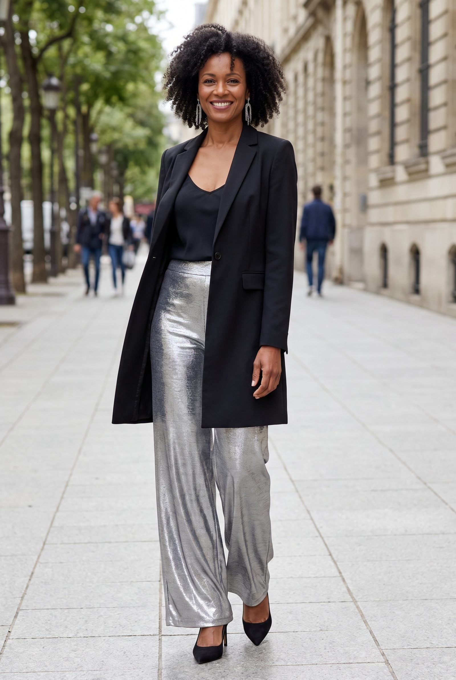 Silver Lamé Trousers With a Long Black Blazer