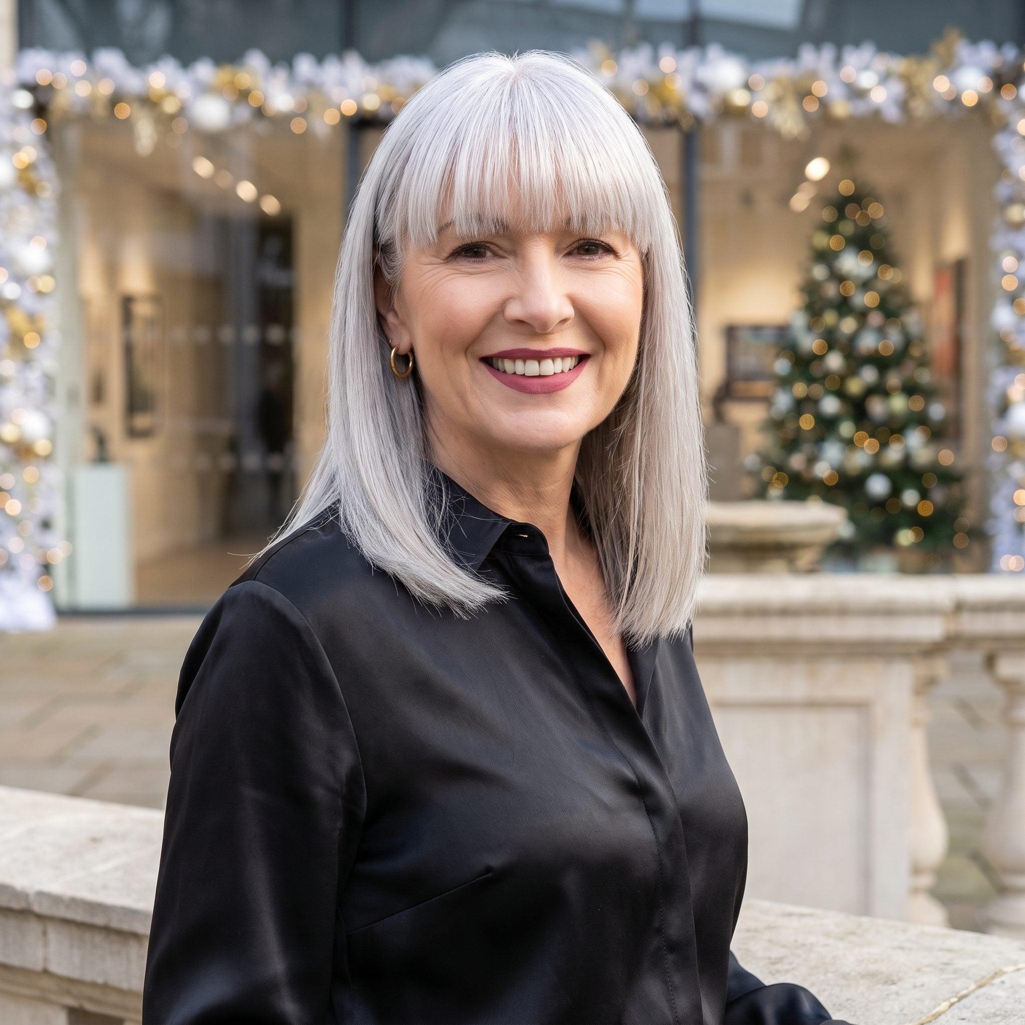 Silver Long Hair with a Bold Blunt Fringe: Horizontal Line Meets Long Vertical