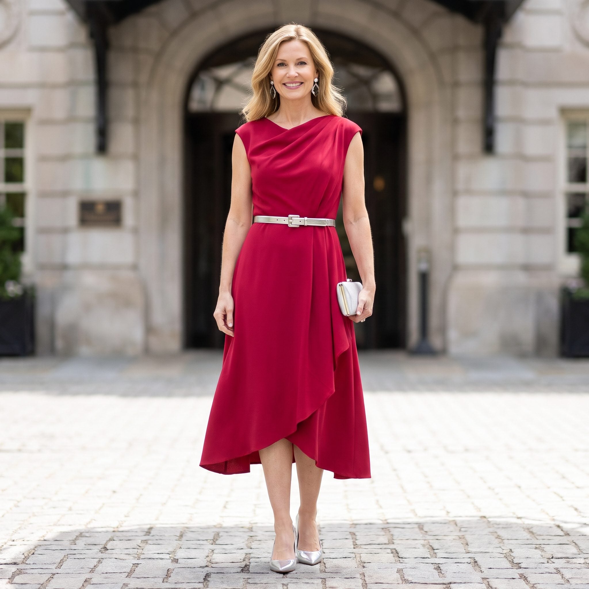 Raspberry crepe evening dress with a slim silver belt at the natural waist