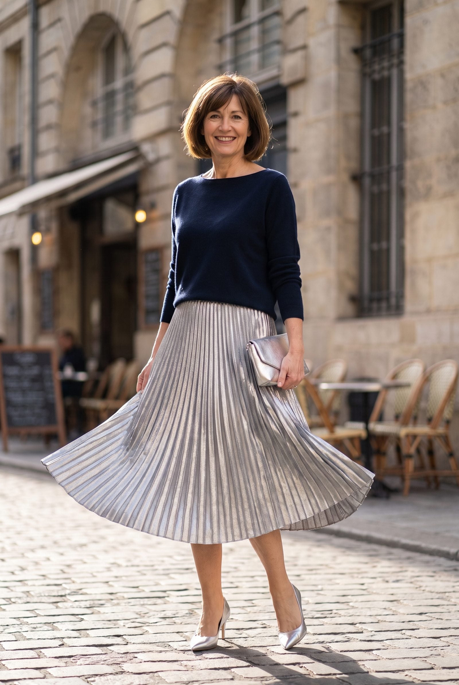 Silver Pleated Midi Skirt With a Navy Cashmere Sweater