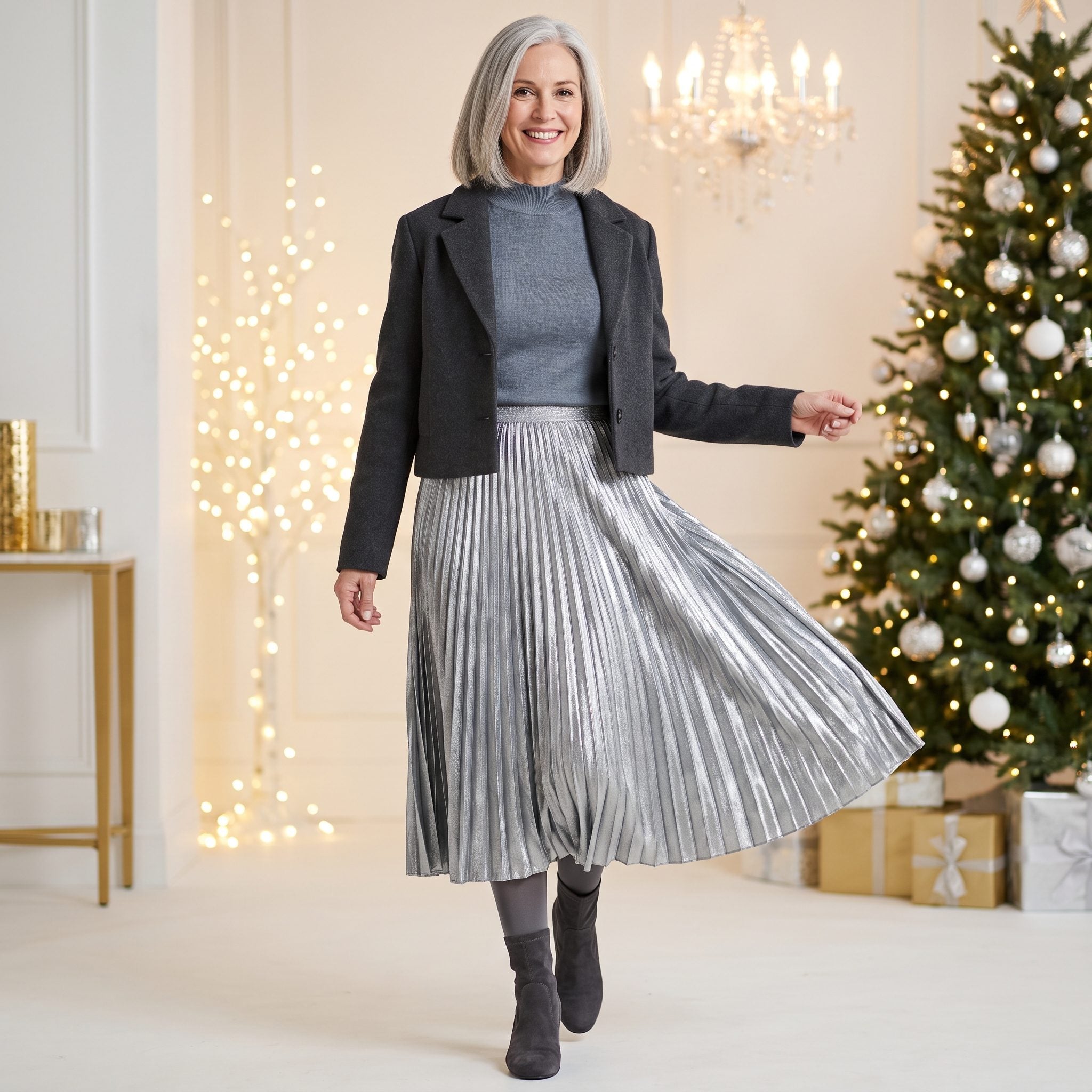 Silver Pleats with Charcoal Sock Boots