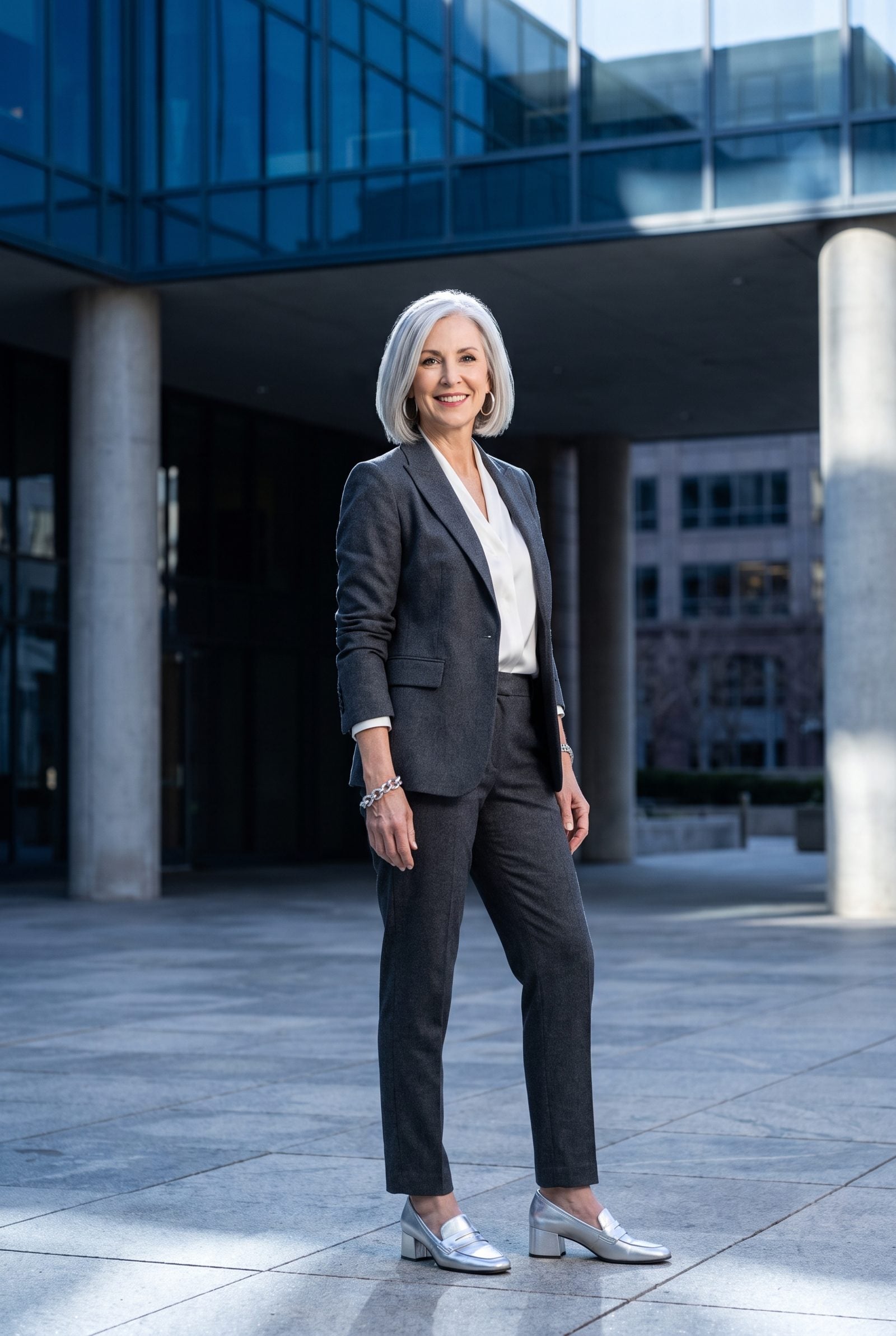 Woman aged 62 outdoors with a bright cool-toned silver bob and a black tailored blazer.