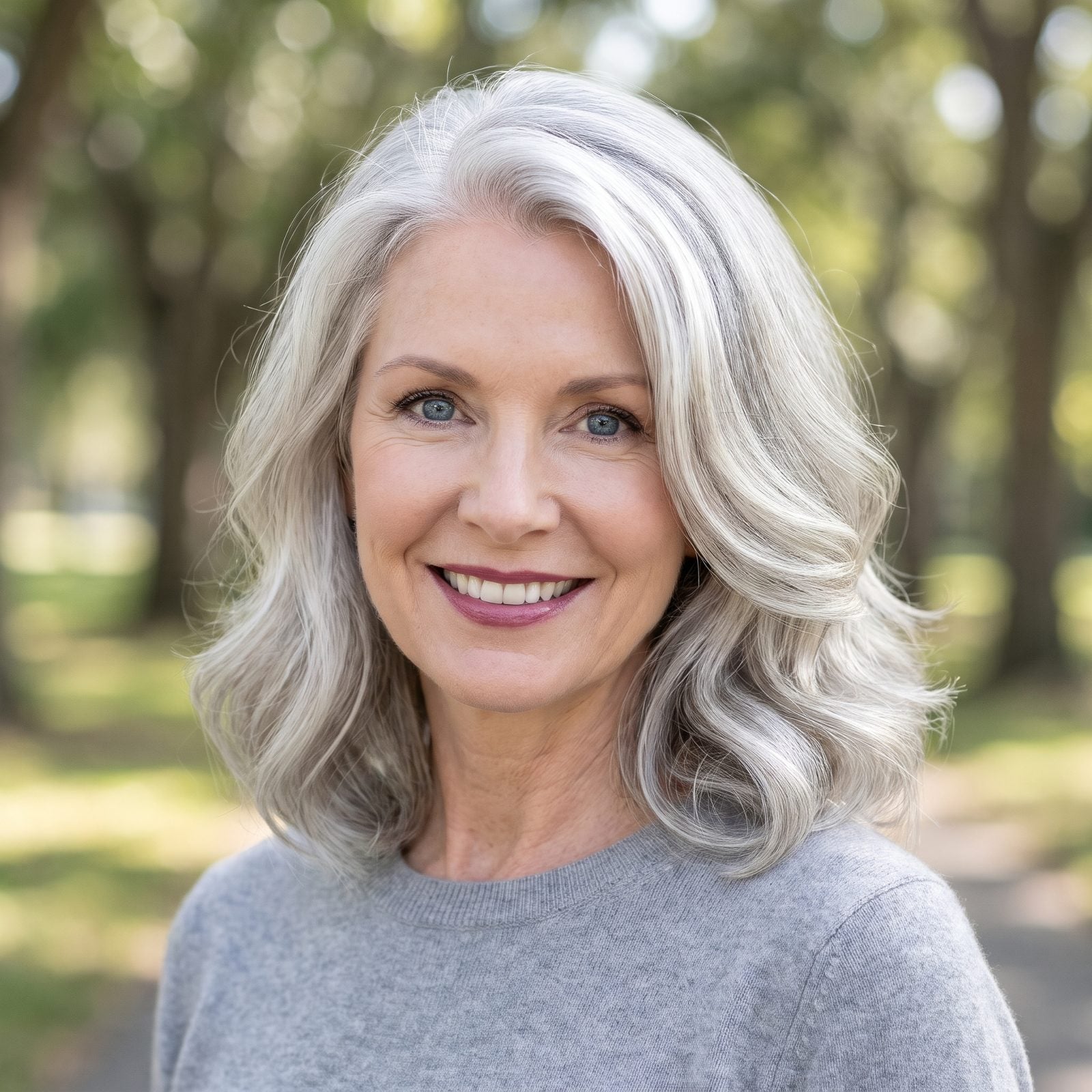 Silver Shoulder-Length Waves With a Deep Side Part