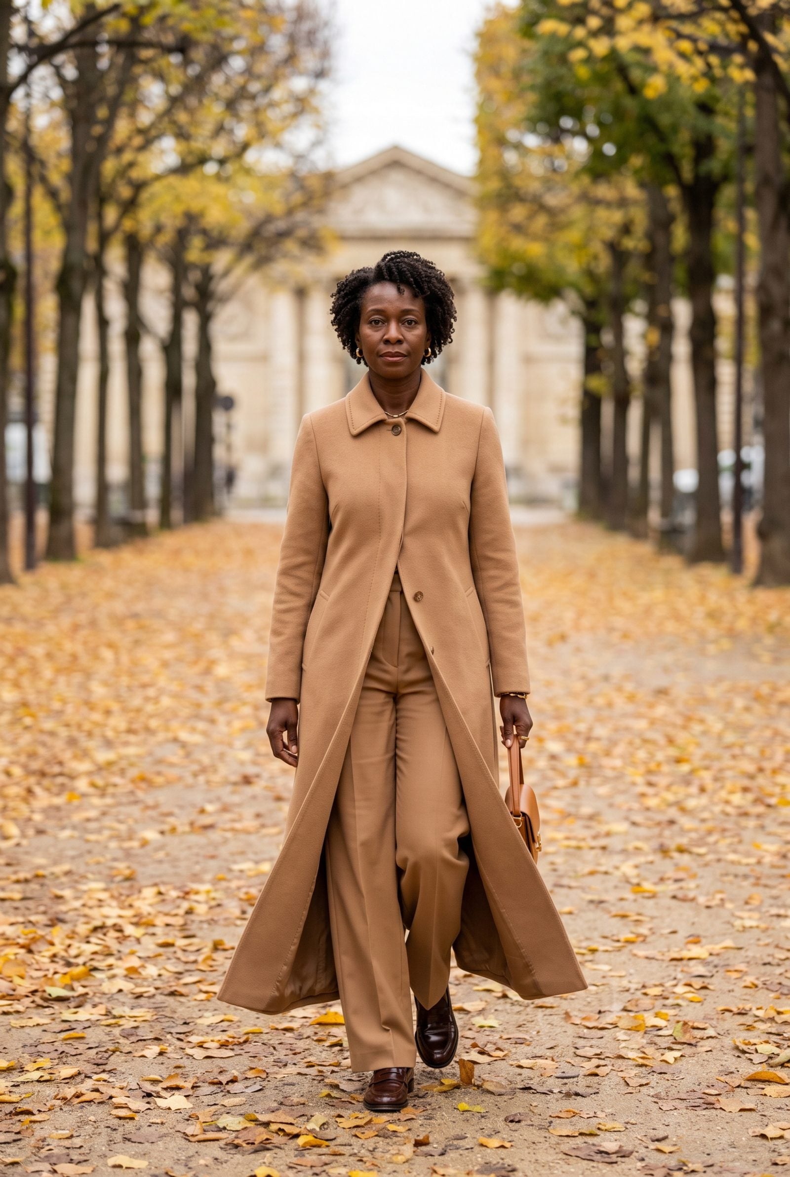Single-Breasted Long Coat Over Matching Trousers