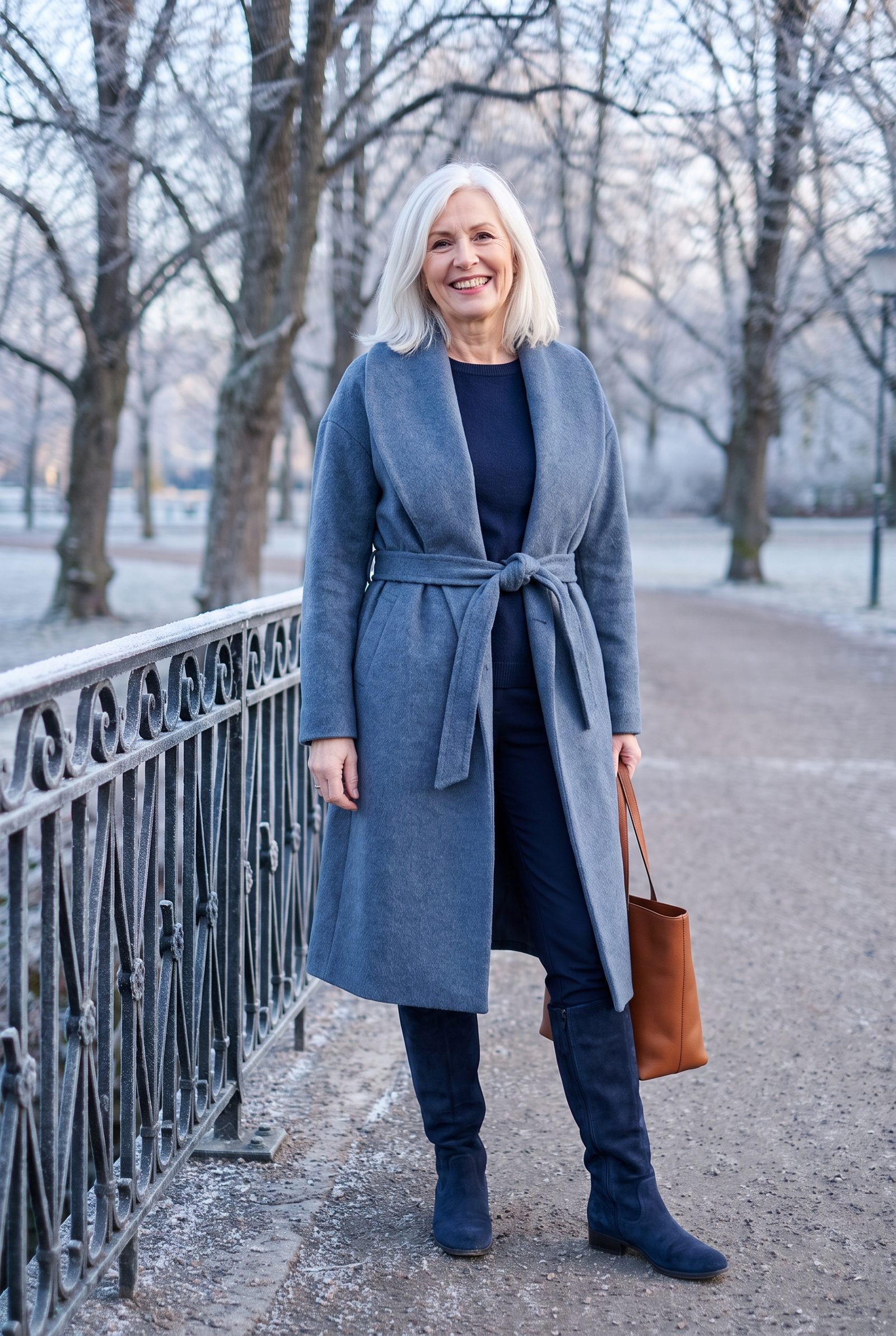 Slate-Blue Belted Coat + Navy Suede Boots